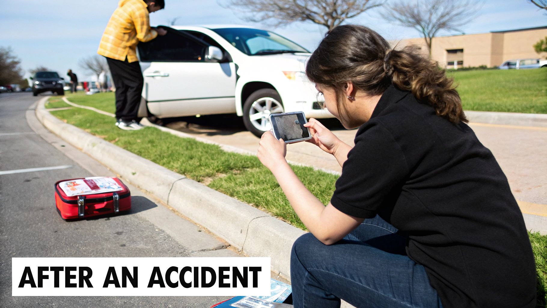 A woman photographs a car accident with her phone as a man inspects a damaged white vehicle.