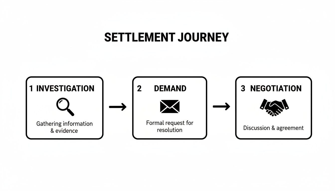 A flowchart illustrating the three steps of a settlement journey: Investigation, Demand, and Negotiation.