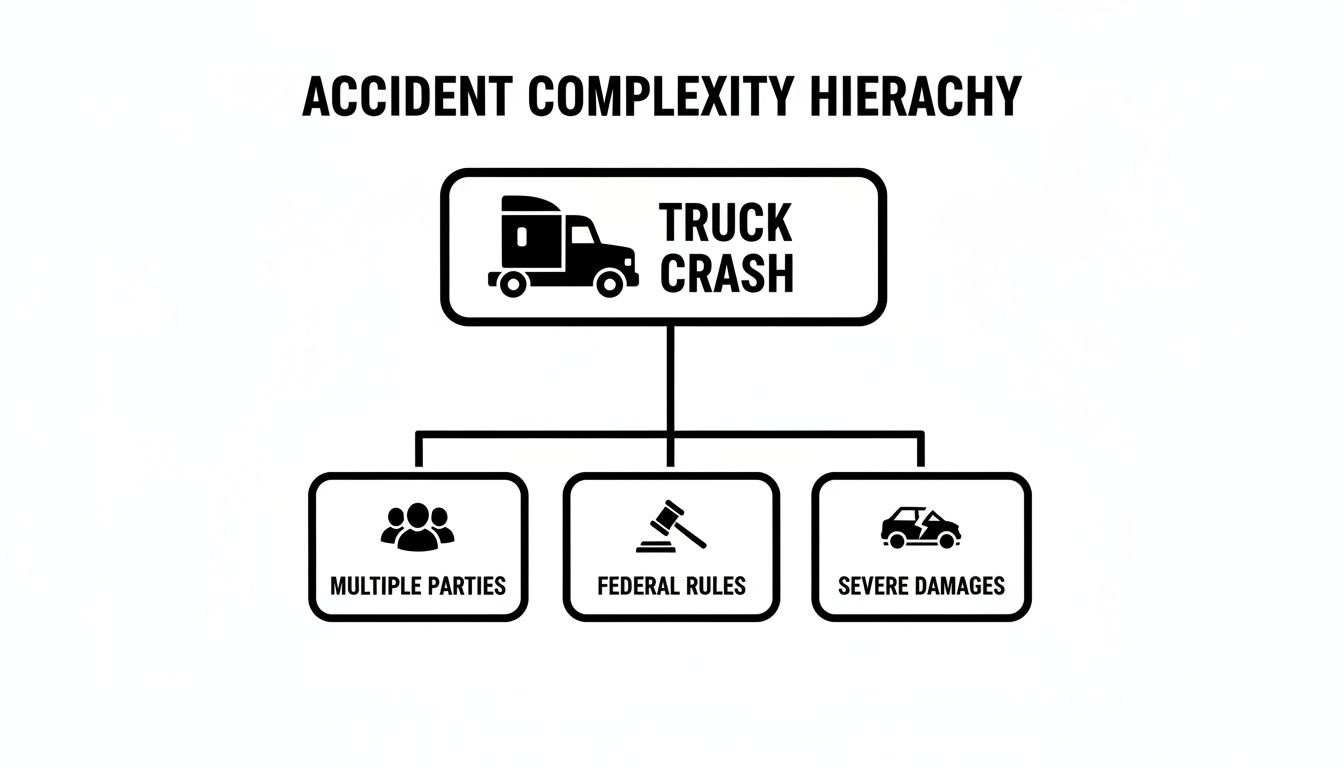 Hierarchy diagram detailing factors increasing complexity in truck crashes: multiple parties, federal rules, and severe damages.
