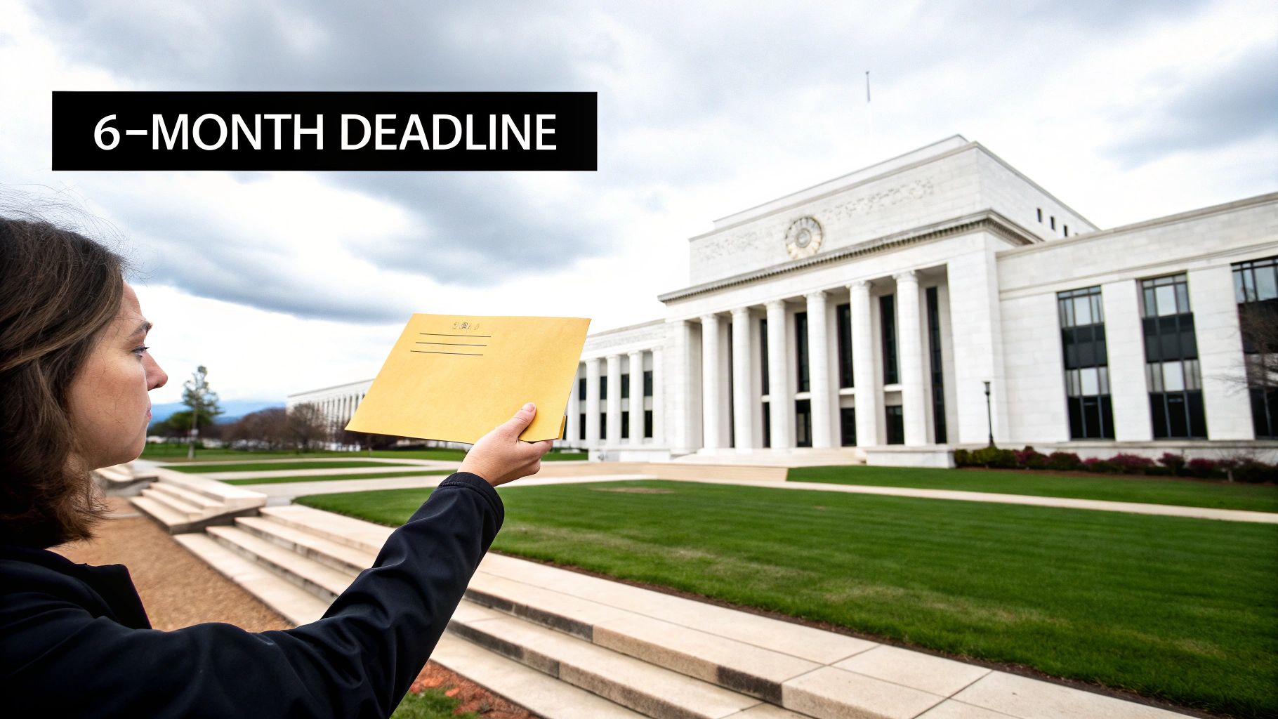 Person holding an envelope outside a grand building, with a '6-MONTH DEADLINE' banner.