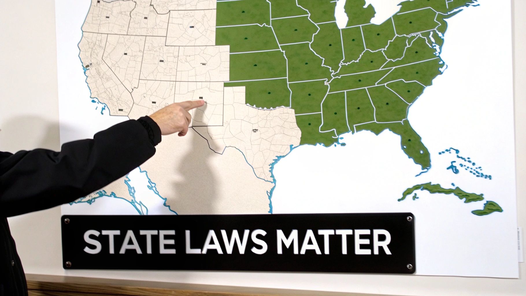 Hand pointing at a US map showing states in green and light colors, with 'STATE LAWS MATTER' sign.