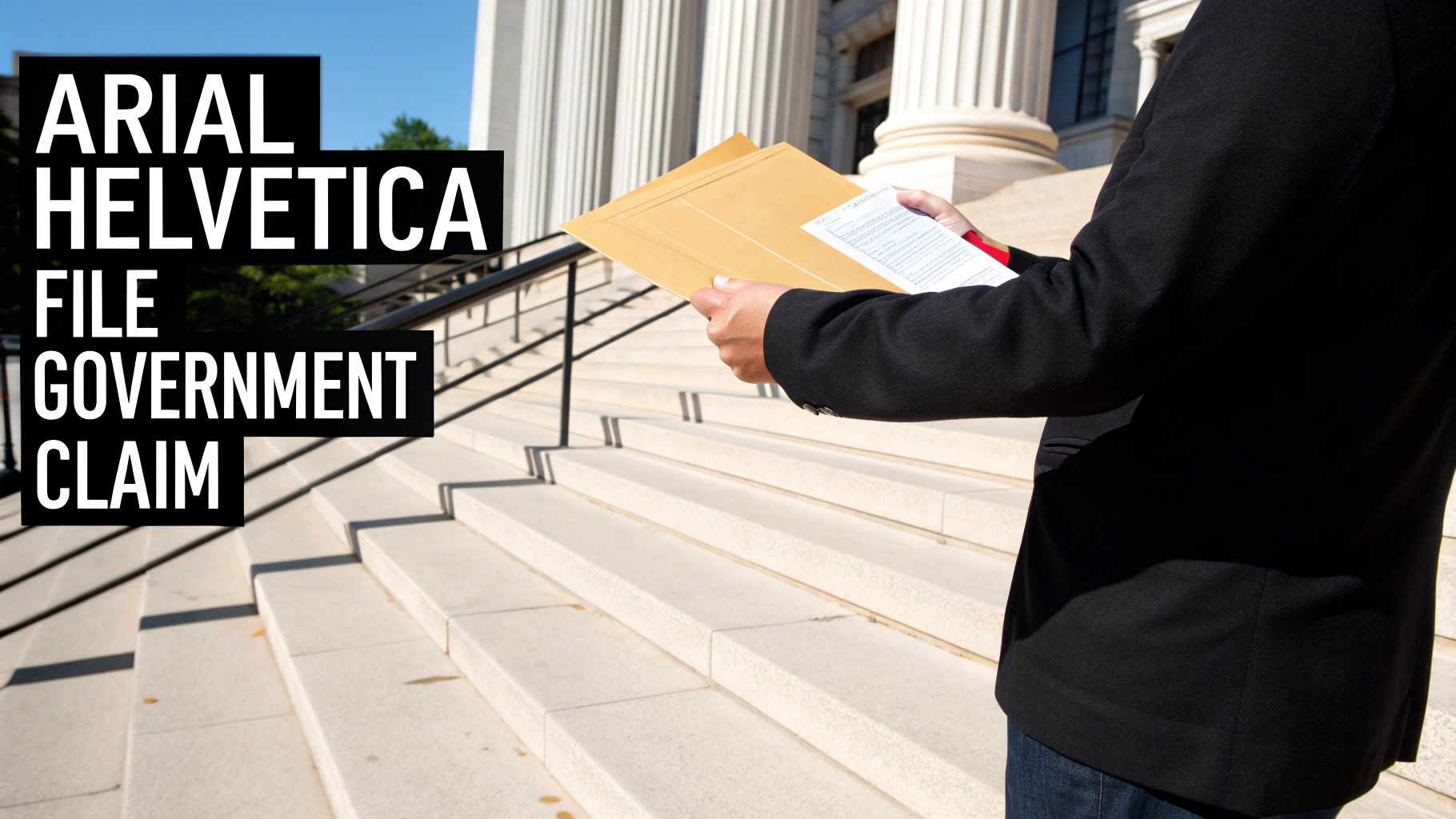 A person holds government claim documents on the steps of a courthouse, with overlaid text 'FILE GOVERNMENT CLAIM'.