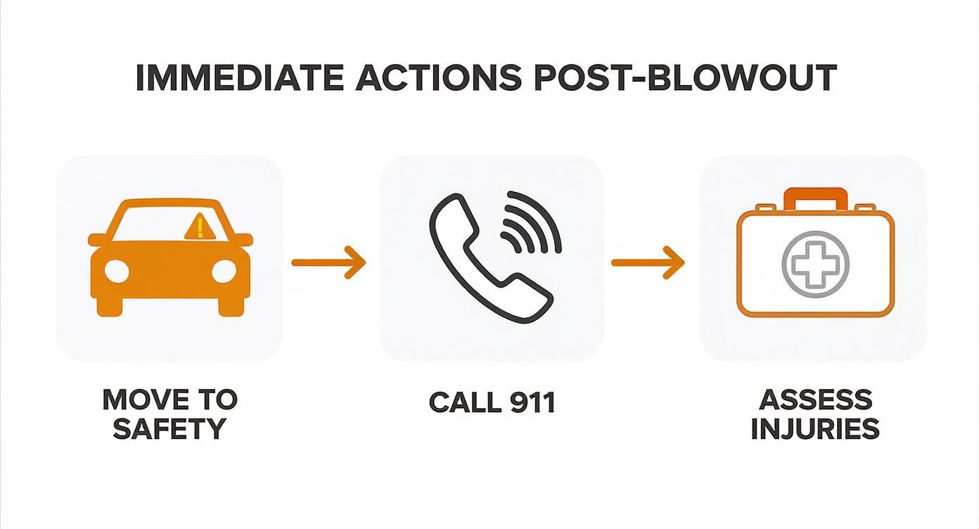 Infographic showing immediate actions after a tire blowout: move car to safety, call 911, and assess injuries.