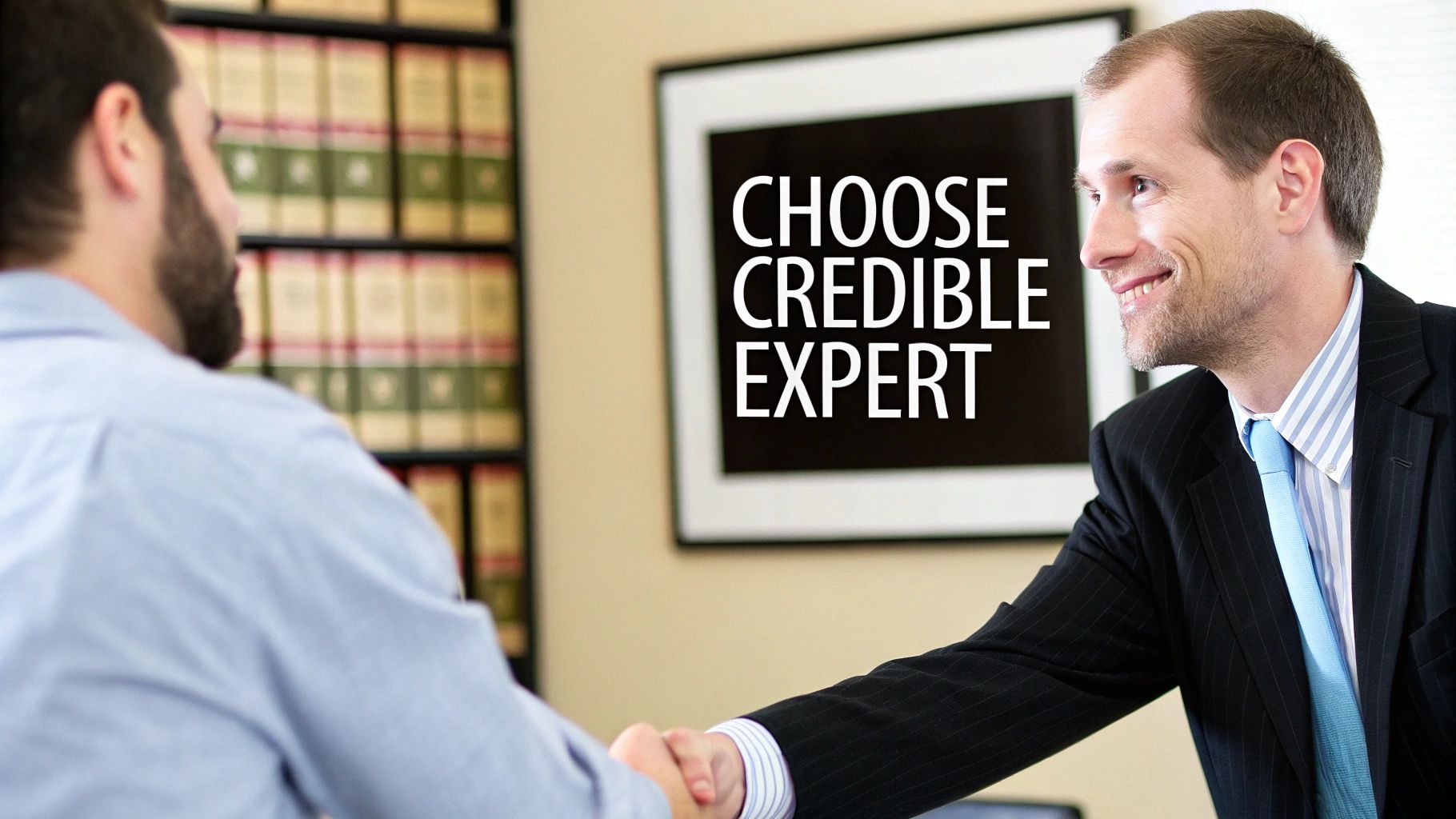Two men shaking hands in a professional office setting with a sign saying 'CHOOSE CREDIBLE EXPERT'.