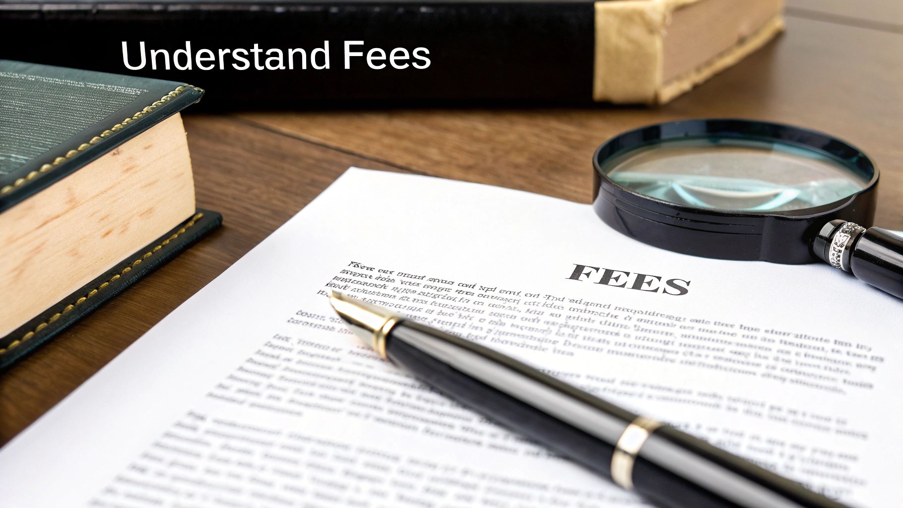A magnifying glass hovering over a contract, symbolizing the inspection of legal fees.