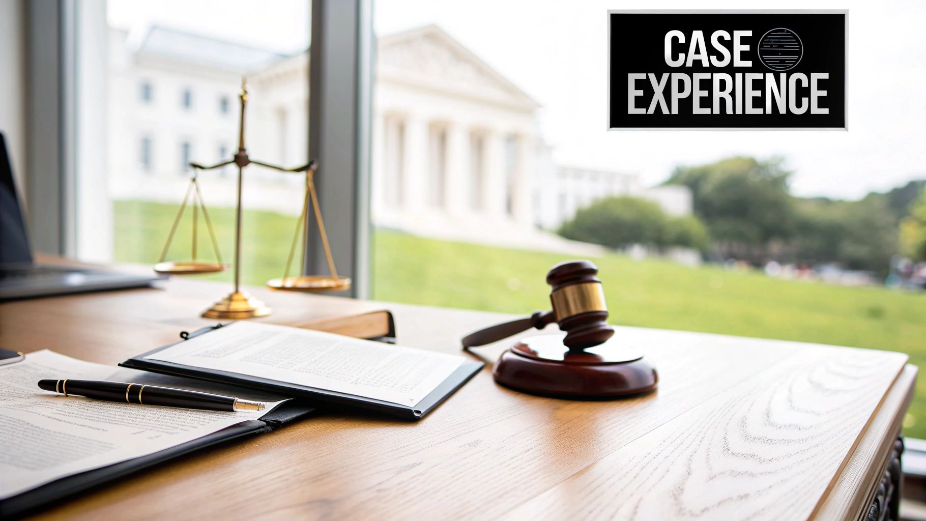 A law office desk with documents, a pen, a gavel, and scales of justice, overlooking a courthouse, with a 'CASE EXPERIENCE' banner.