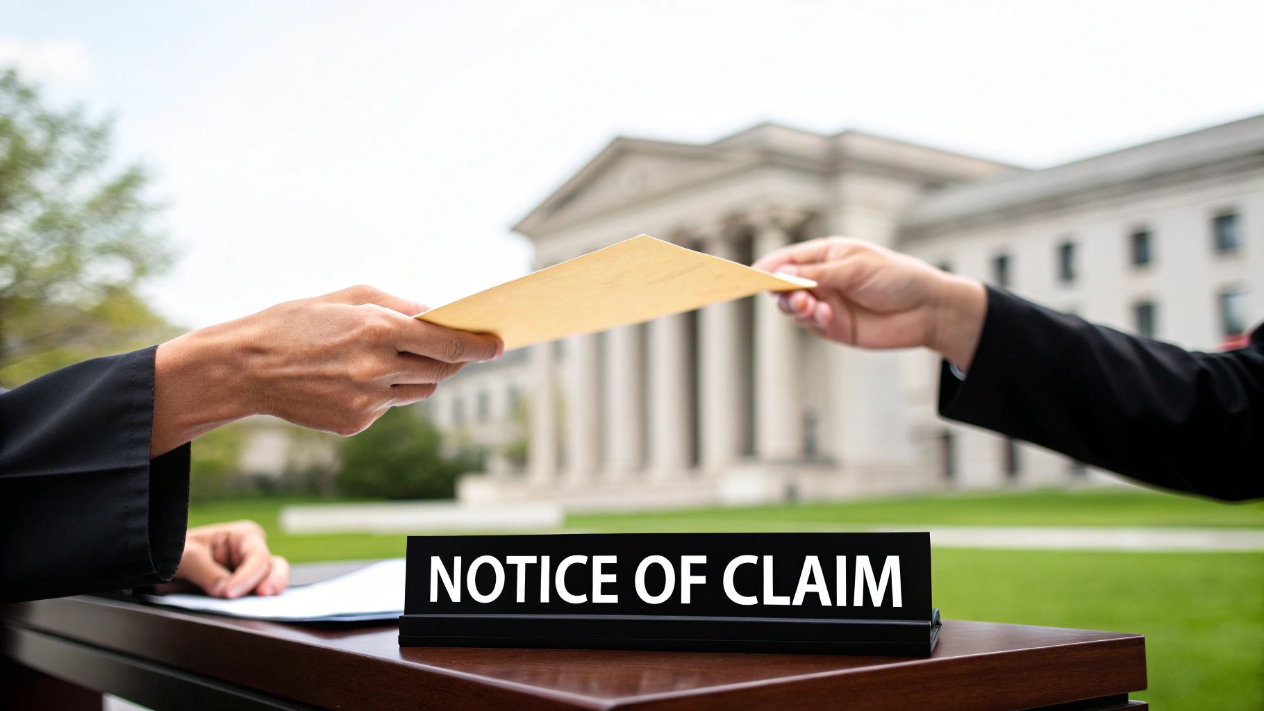 Hands exchange a legal document, a 'NOTICE OF CLAIM' sign on a desk in front of a courthouse.