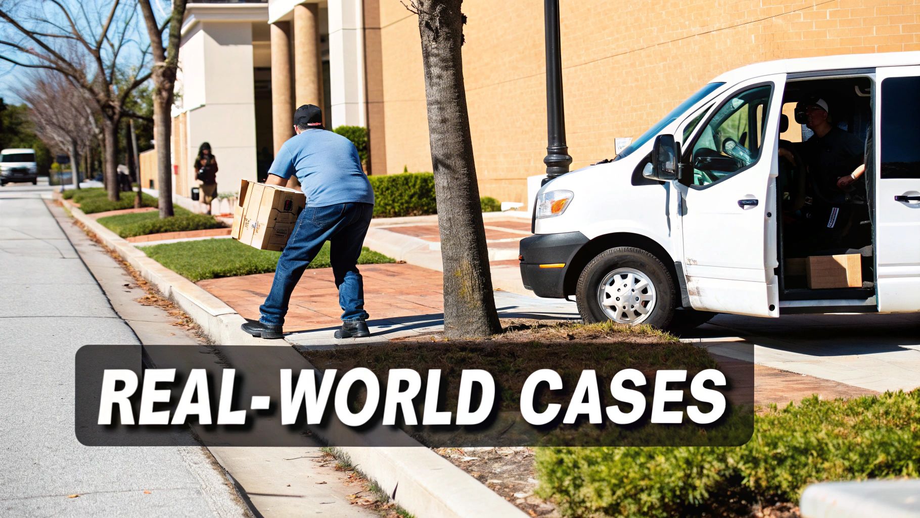 Delivery driver carrying package from white van illustrating real-world liability cases