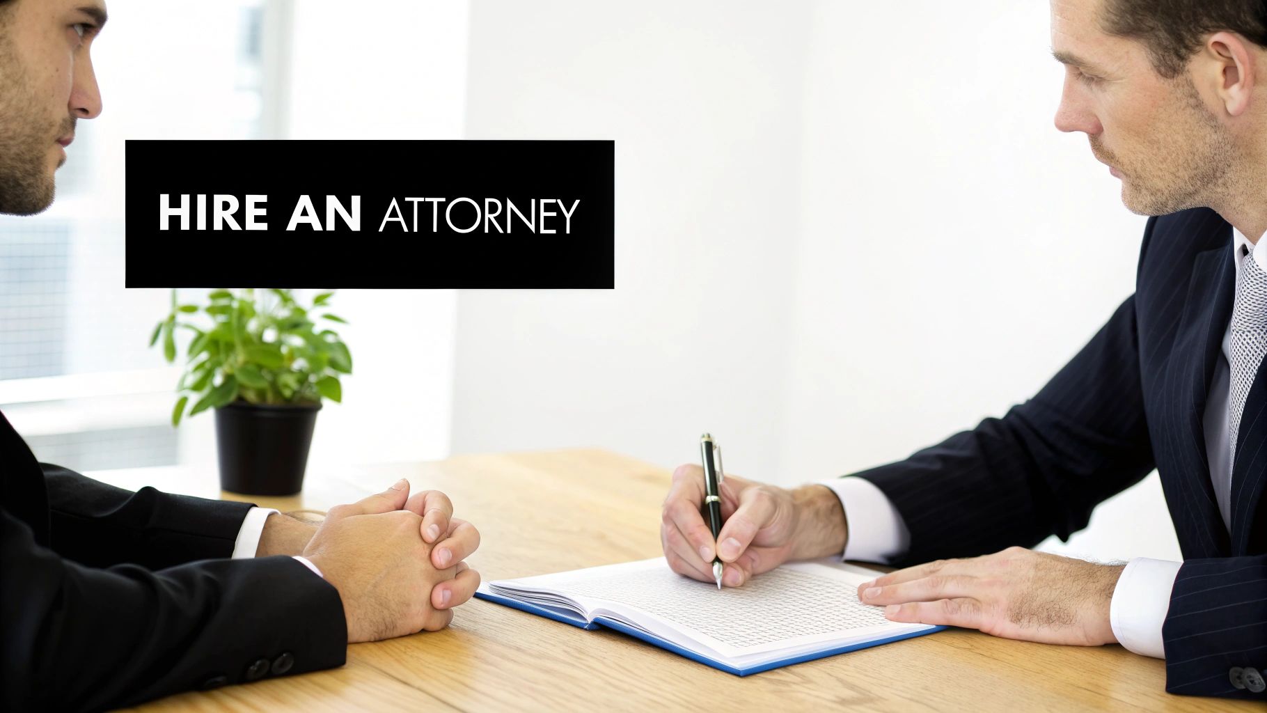 Two men, one an attorney, signing documents at a table, with text 'HIRE AN ATTORNEY'.