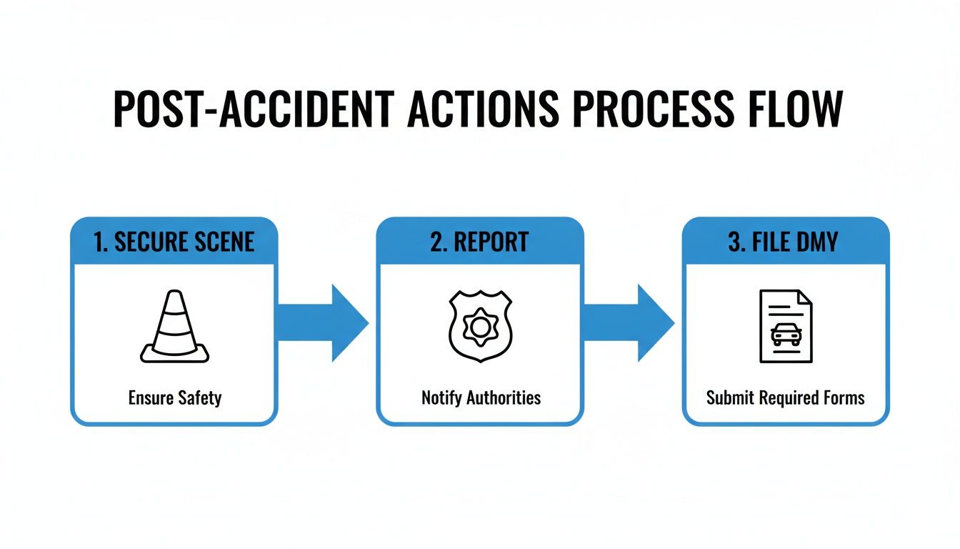 A three-step process flow for post-accident actions, including securing the scene, reporting, and filing DMV forms.