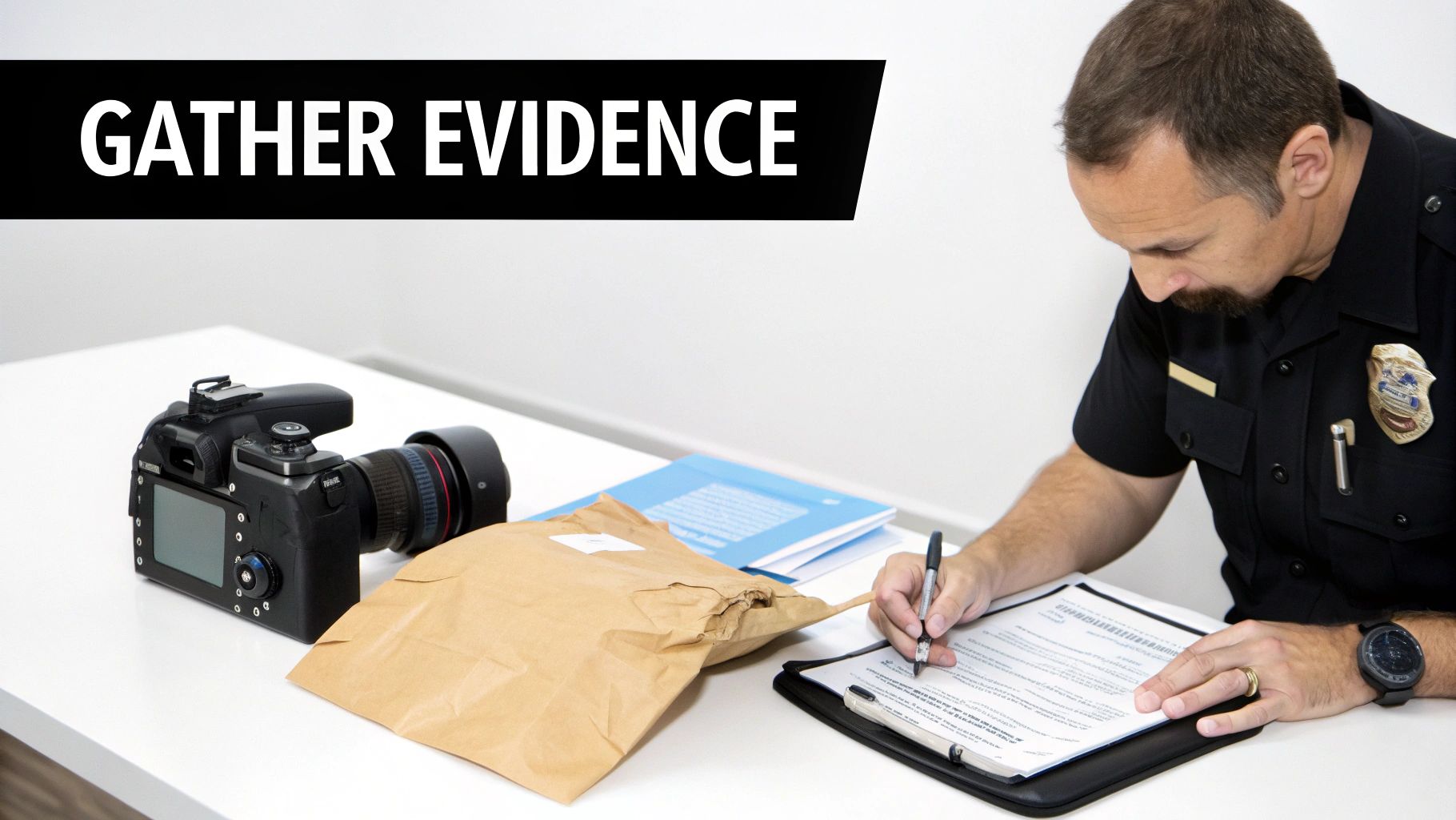 A police officer or detective gathering evidence, writing on a form, with a camera and an evidence bag on a white desk.