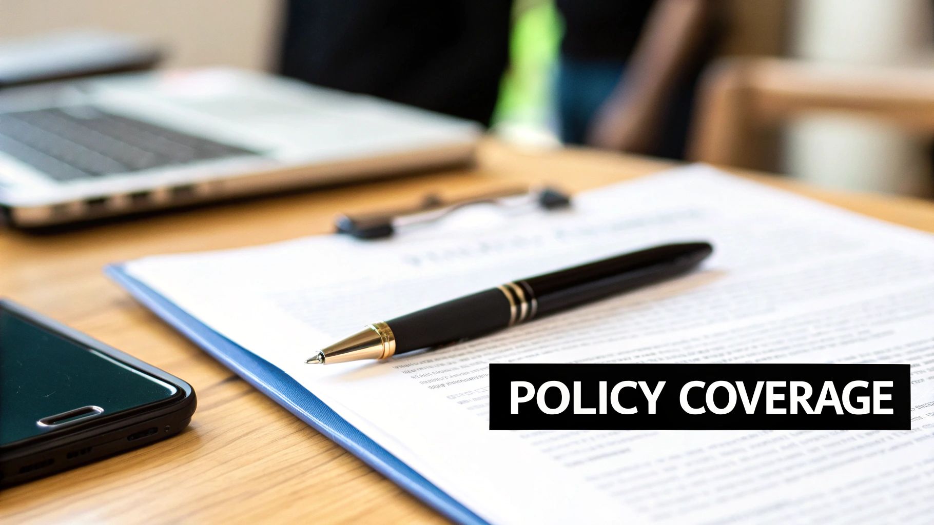 A pen rests on a document titled 'POLICY COVERAGE' on a wooden desk with a laptop and smartphone.