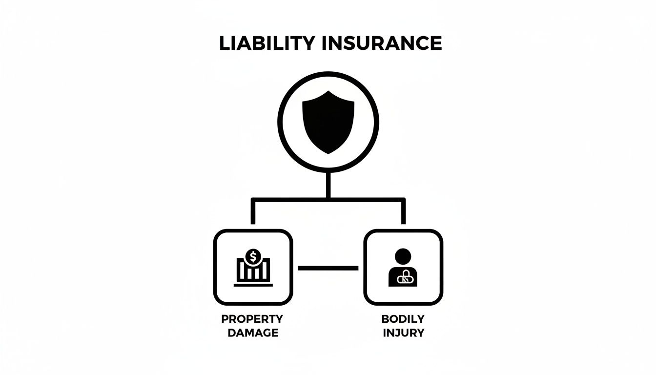 Diagram illustrating liability insurance coverage, showing its two main components: property damage and bodily injury protection.