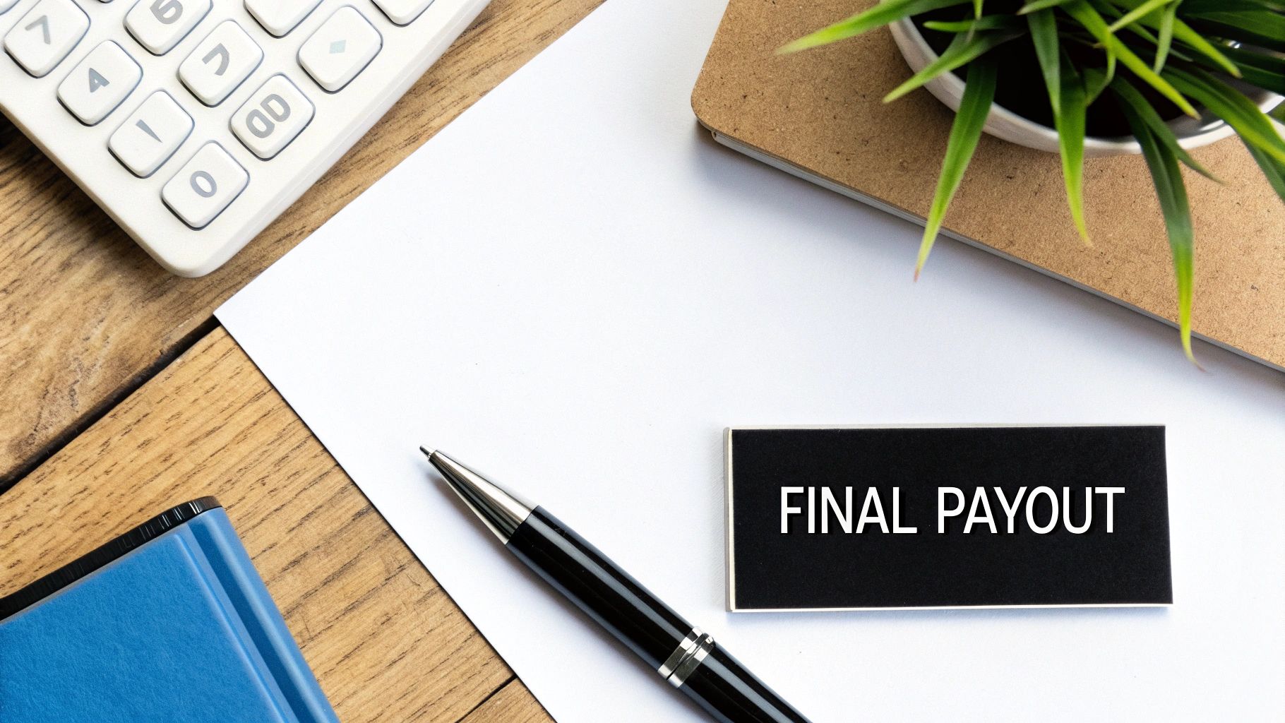 Overhead shot of a desk with a calculator, pen, paper, plant, and a 'FINAL PAYOUT' sign.