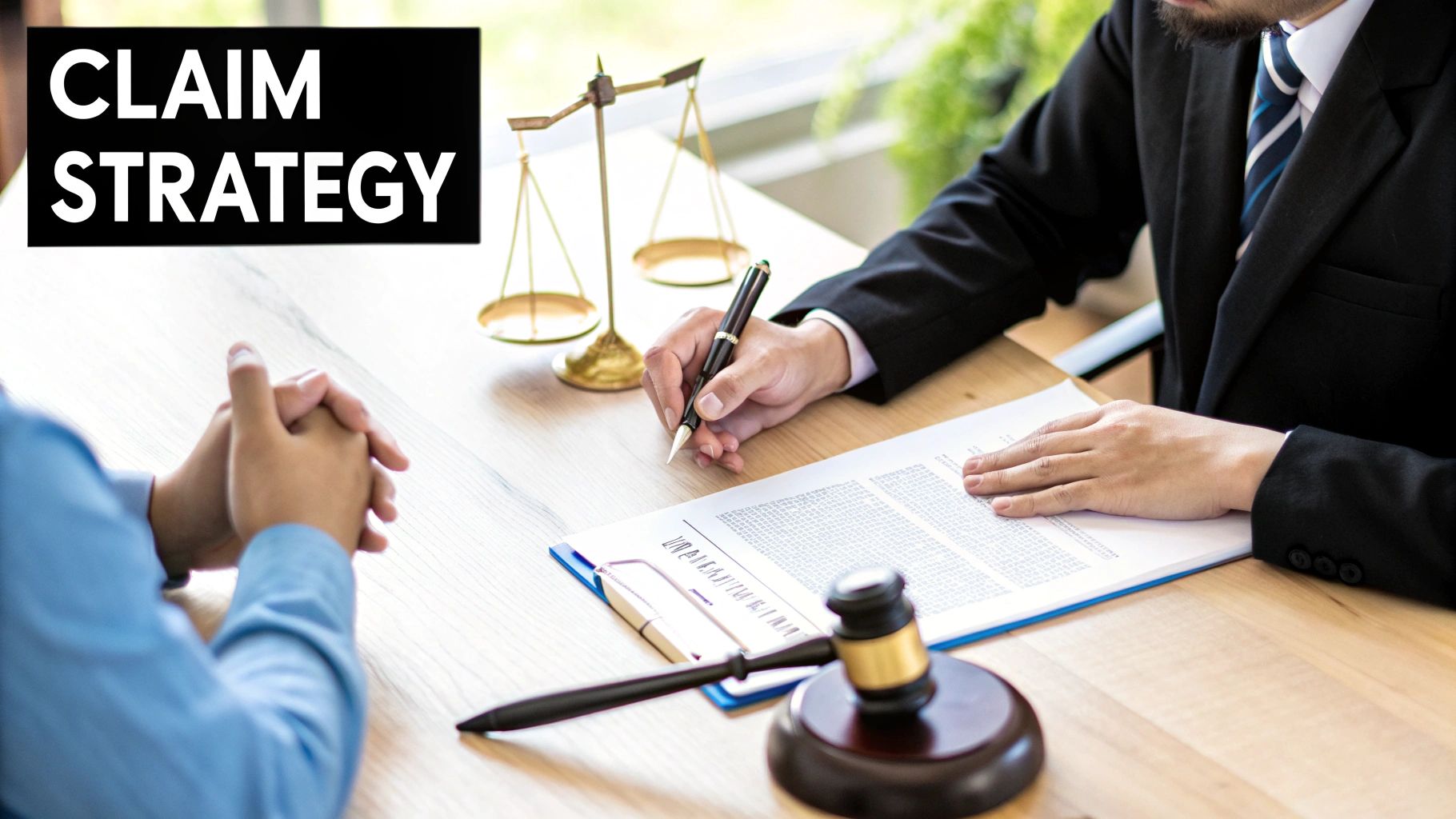 A person signing a legal document with a pen, with a blurred background of a law office.