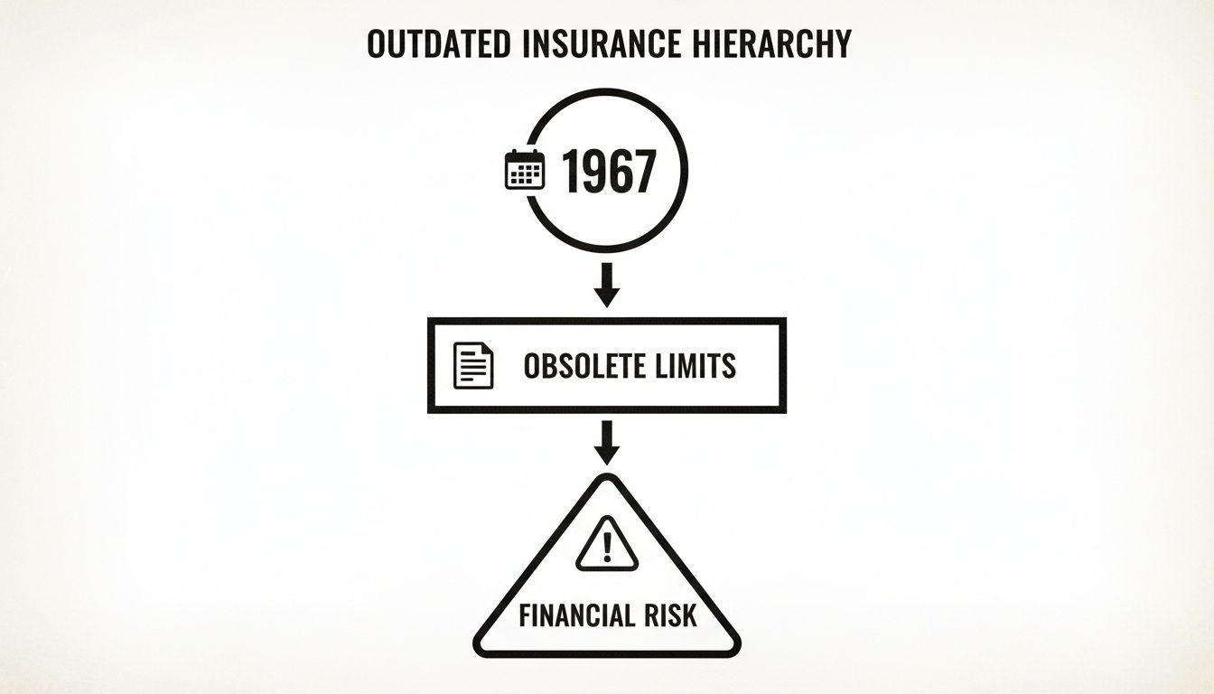 Flowchart depicting outdated insurance hierarchy from 1967 leading to obsolete limits and financial risk.