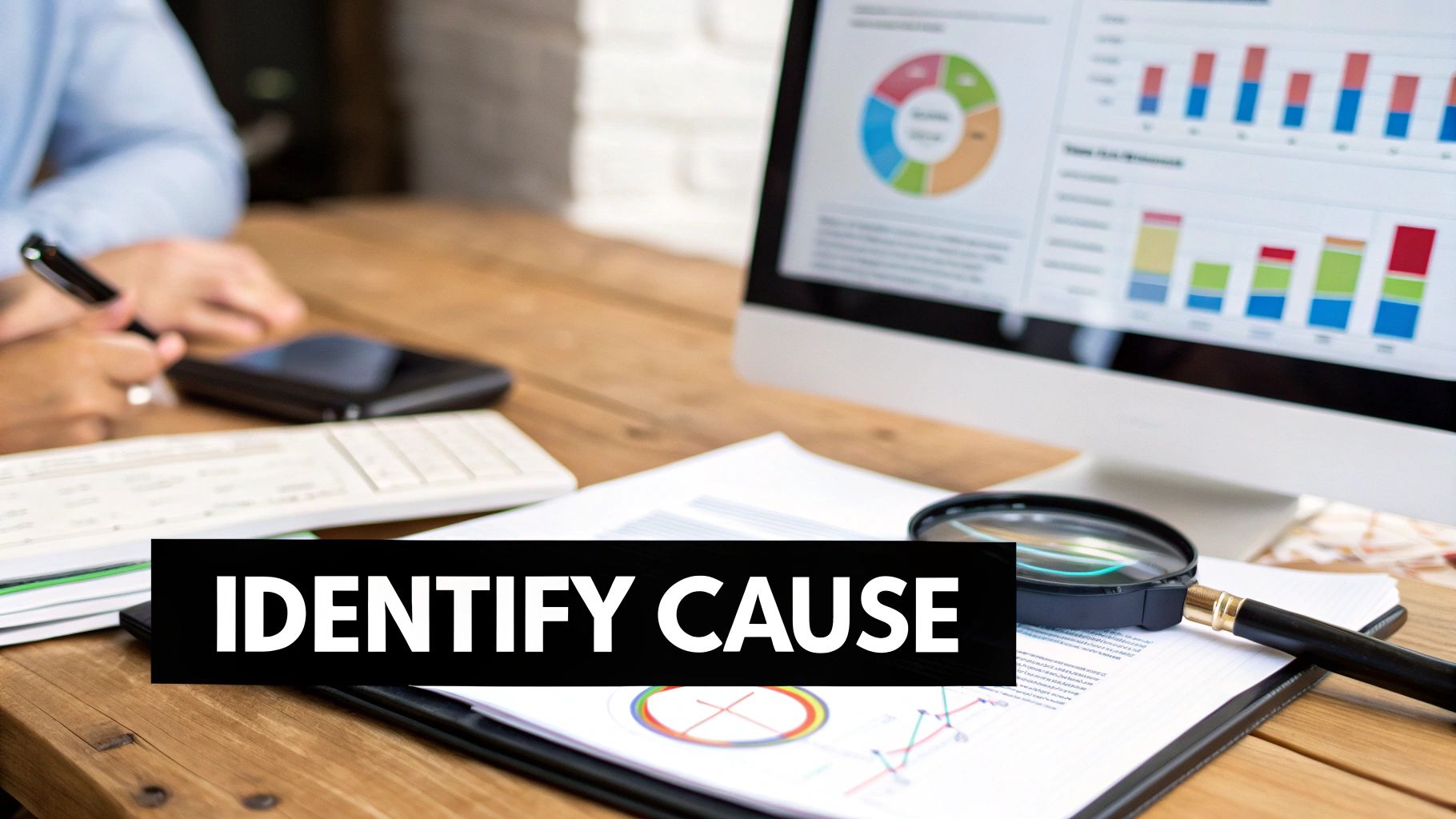 A person analyzes data on a computer and documents with a magnifying glass, displaying the text 'IDENTIFY CAUSE'.