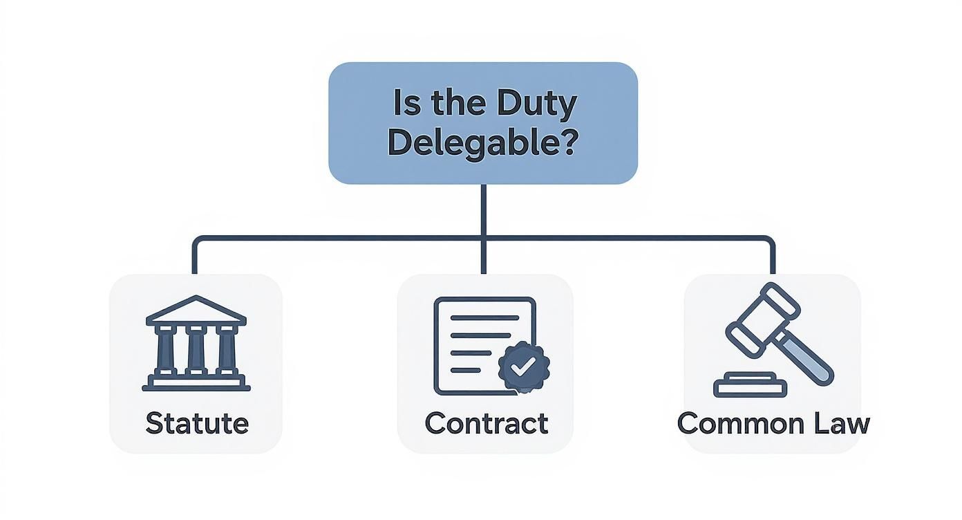 Flowchart diagram asking 'Is the Duty Delegable?', with branches for Statute, Contract, and Common Law.