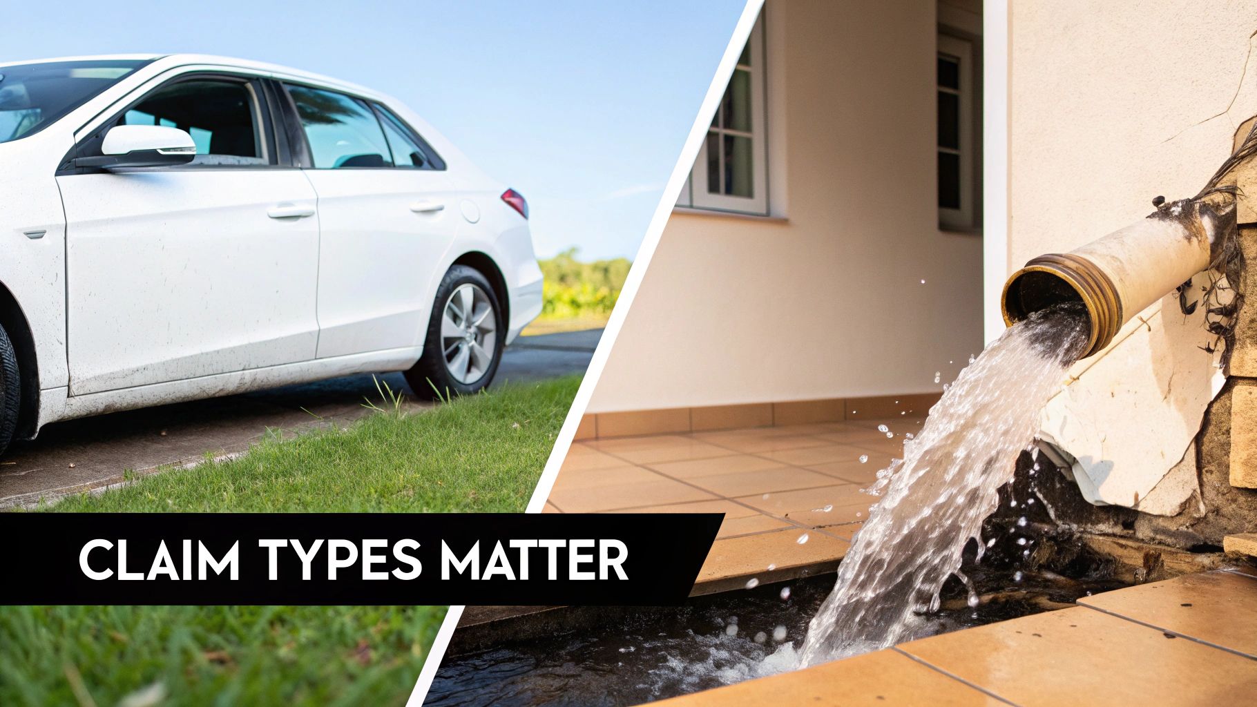 A split image shows a white car on a lawn and water gushing from a pipe, with 'CLAIM TYPES MATTER' text.