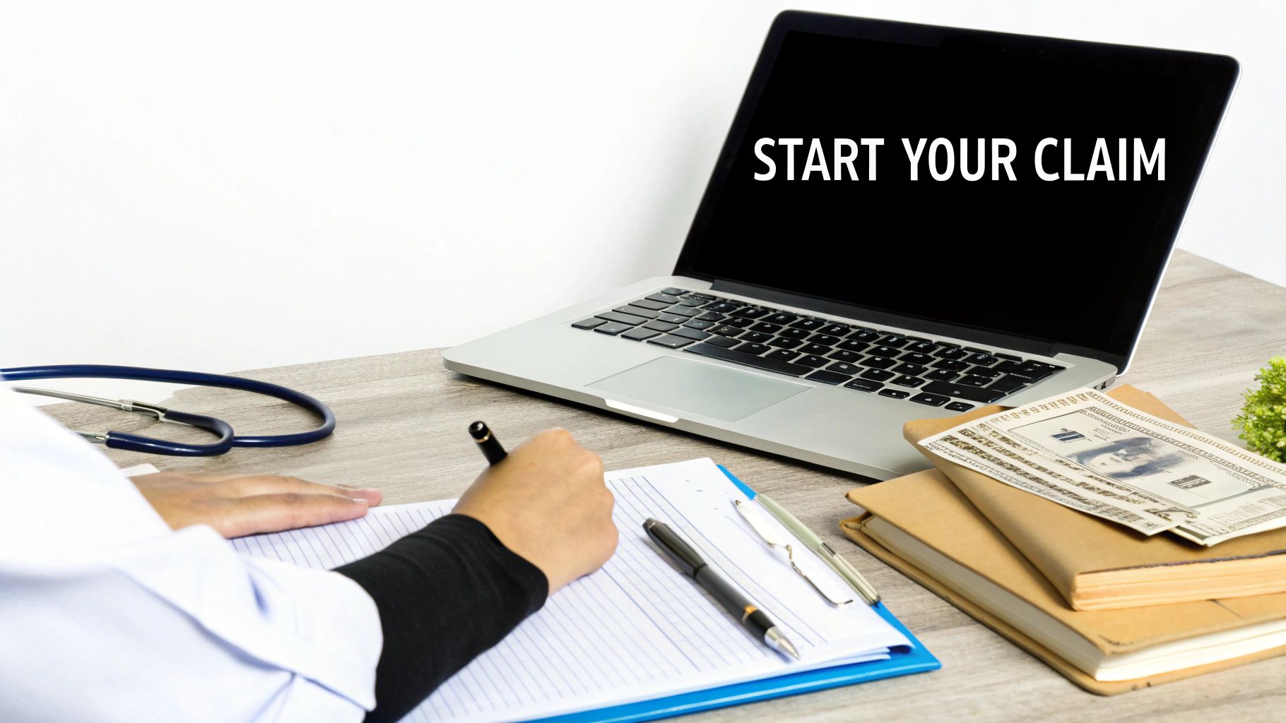 A medical professional in a lab coat writing at a desk with a laptop displaying 'START YOUR CLAIM', a stethoscope, and money.