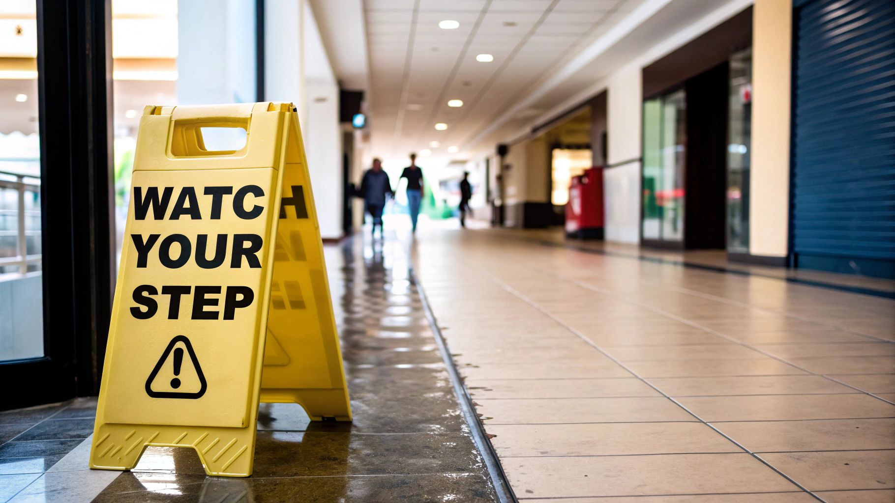 A yellow "WATCH YOUR STEP" sign on a wet, tiled floor in a blurred shopping mall hallway.