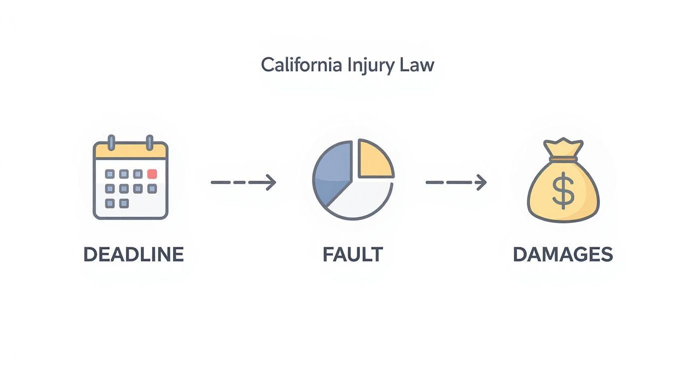 California injury law flowchart showing deadline, fault determination, and damages compensation process