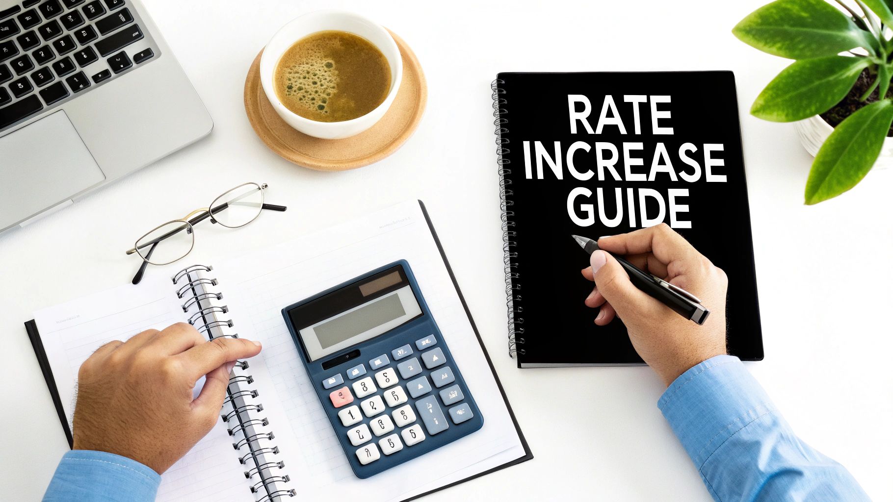 Overhead view of a person working on a Rate Increase Guide, using a calculator, laptop, and coffee.