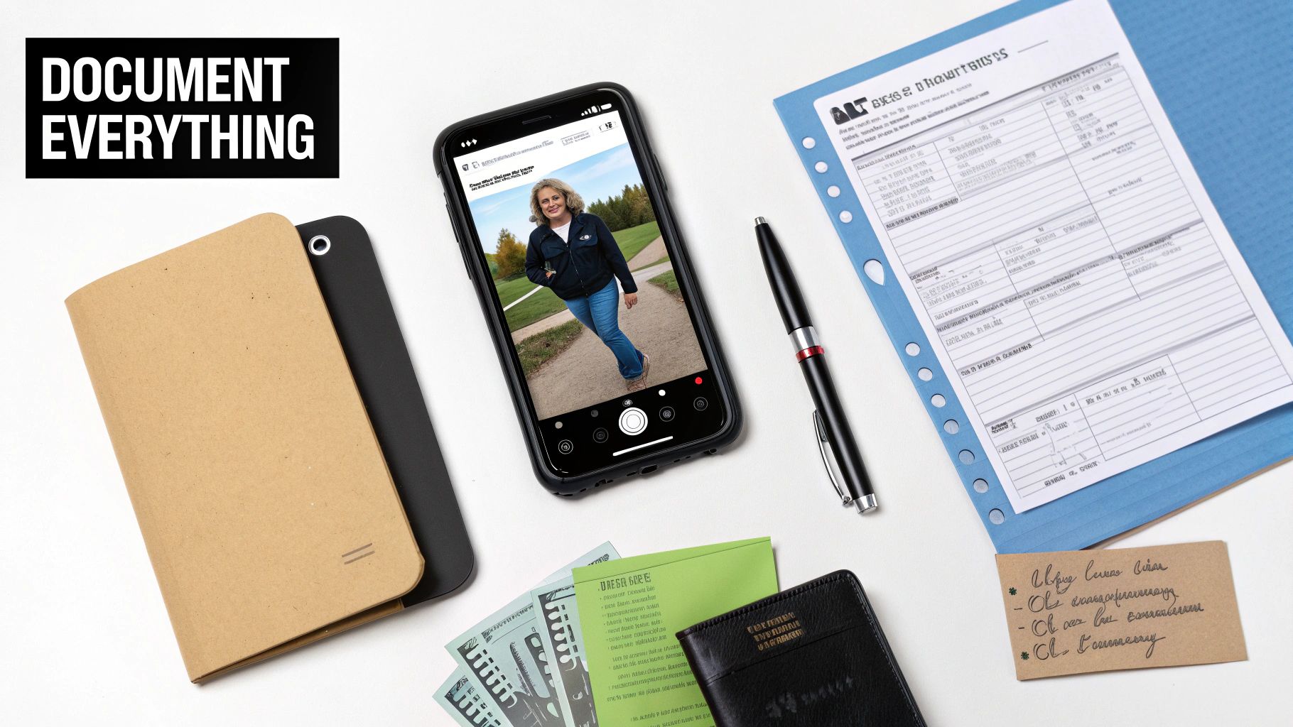 Flat lay with 'Document Everything' text, phone displaying a photo, notebook, document, pen, cash, and a handwritten note.
