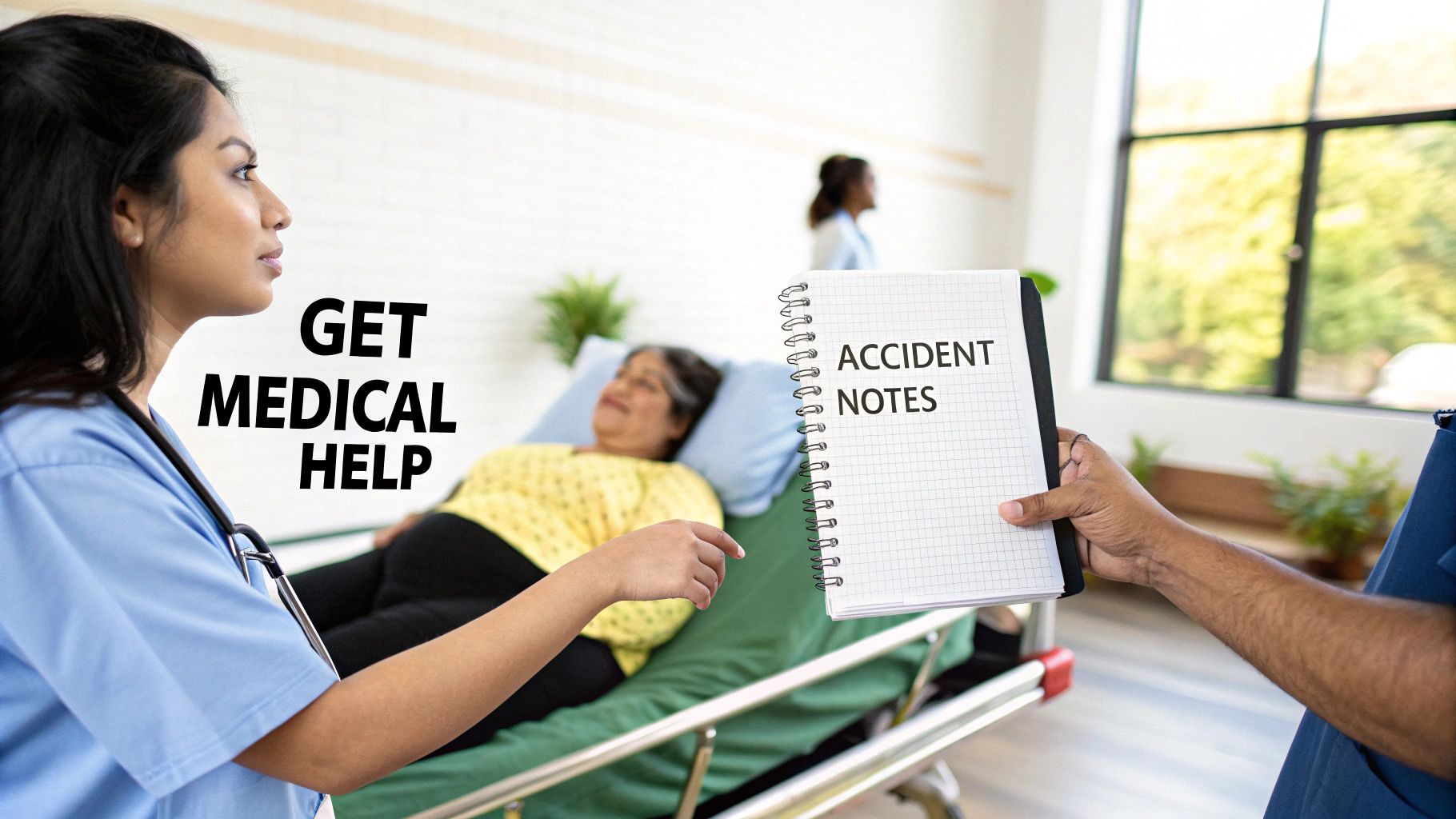 A nurse tends to an injured patient on a gurney, with text indicating "Get Medical Help" and "Accident Notes".
