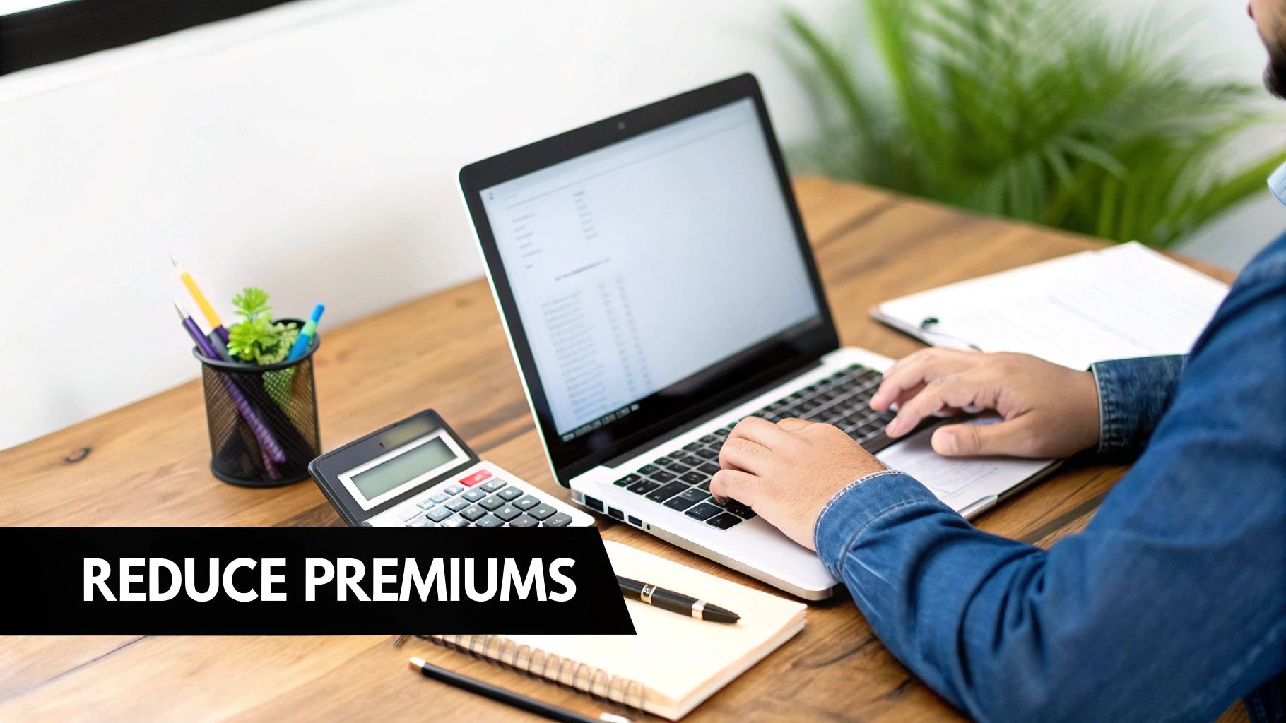Person typing on a laptop at a wooden desk, with a calculator and "REDUCE PREMIUMS" text overlay.