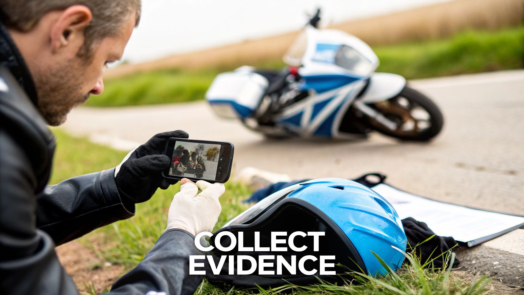 Man in gloves photographing evidence with a smartphone at a motorcycle accident scene with a helmet.