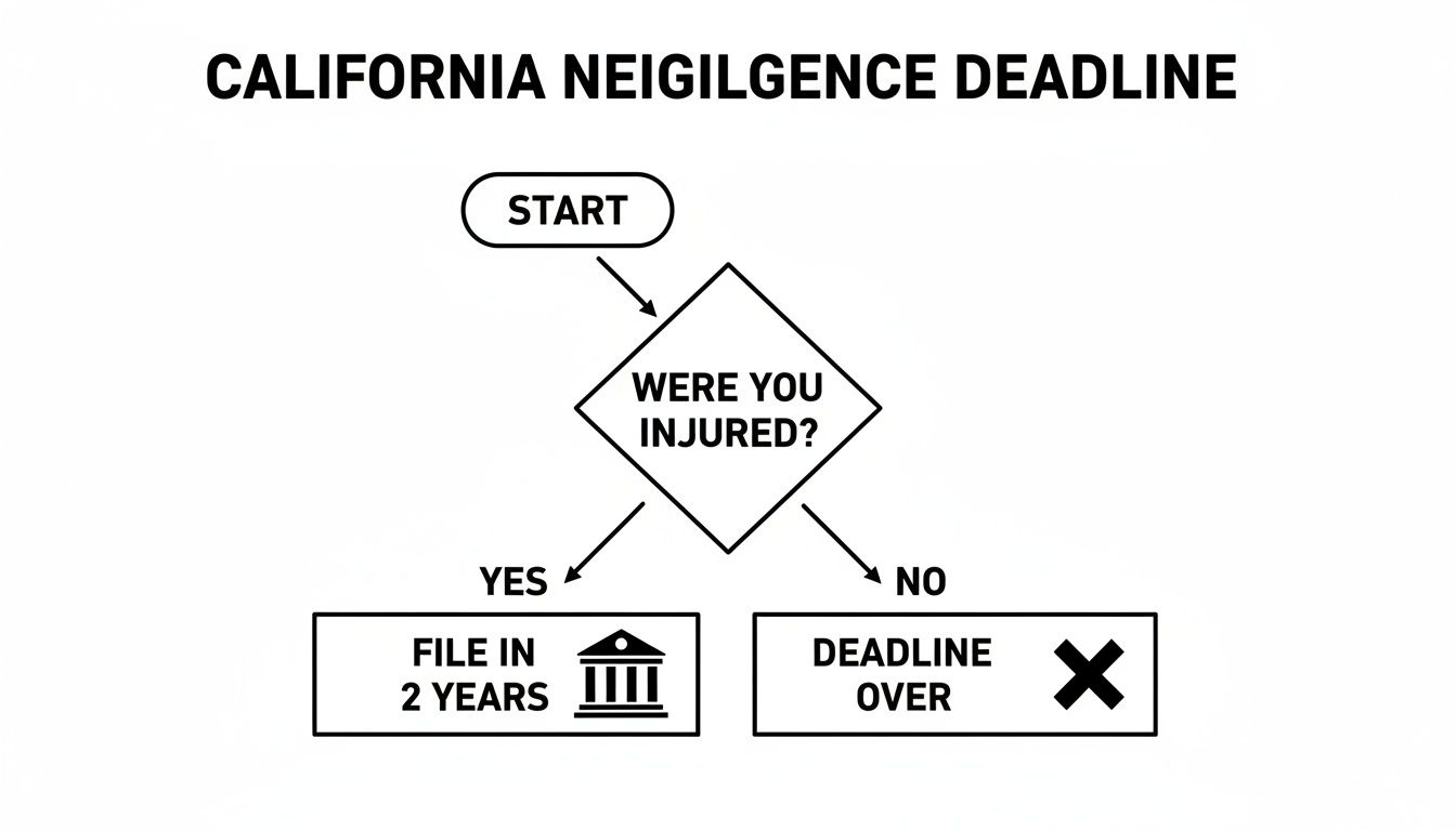 Flowchart illustrating California's negligence deadline, asking if you were injured to determine a two-year filing period.