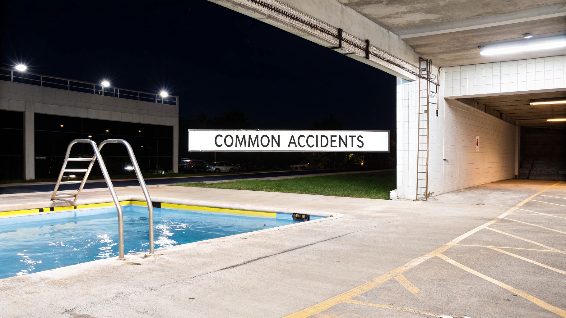 Swimming pool installed in parking garage under illuminated common accidents sign at night