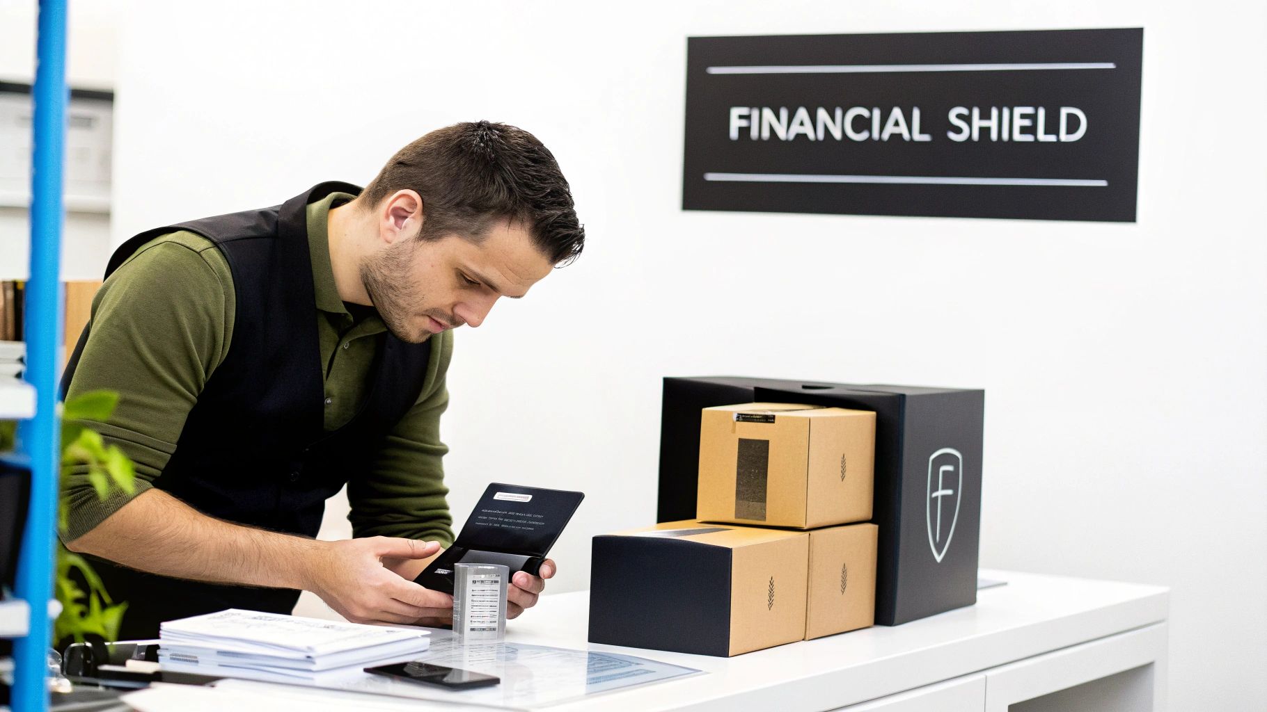 A man in a vest examines a transparent device in a black case next to product boxes and a 'FINANCIAL SHIELD' sign.