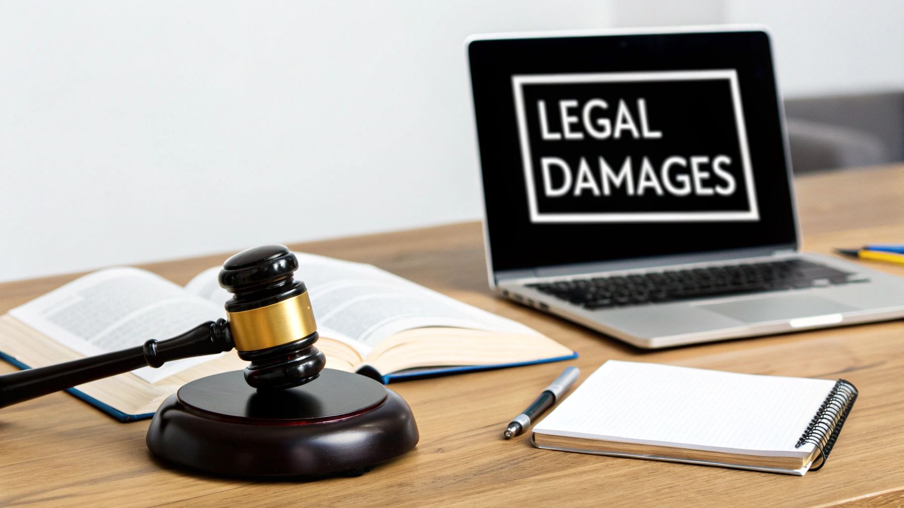 A gavel and scales of justice representing legal damages