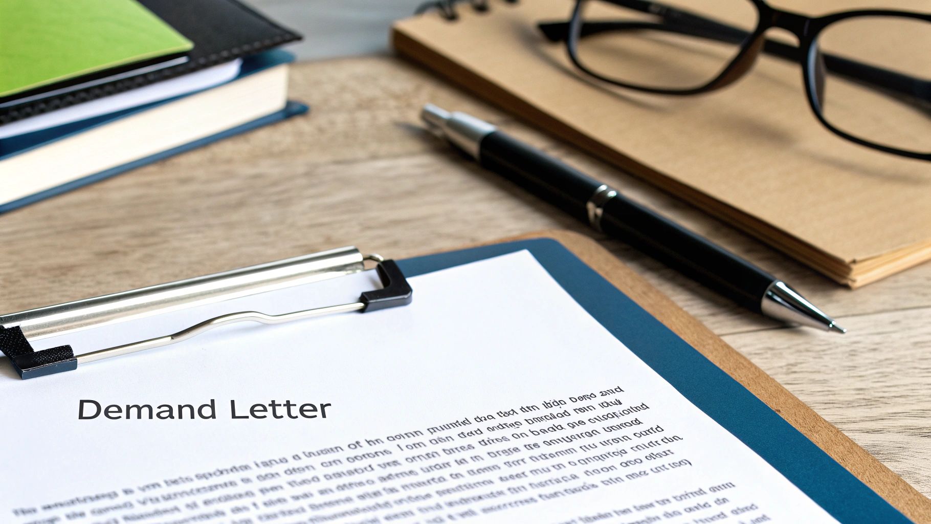 A close-up of a demand letter on a clipboard with a pen, books, and glasses on a wooden desk.