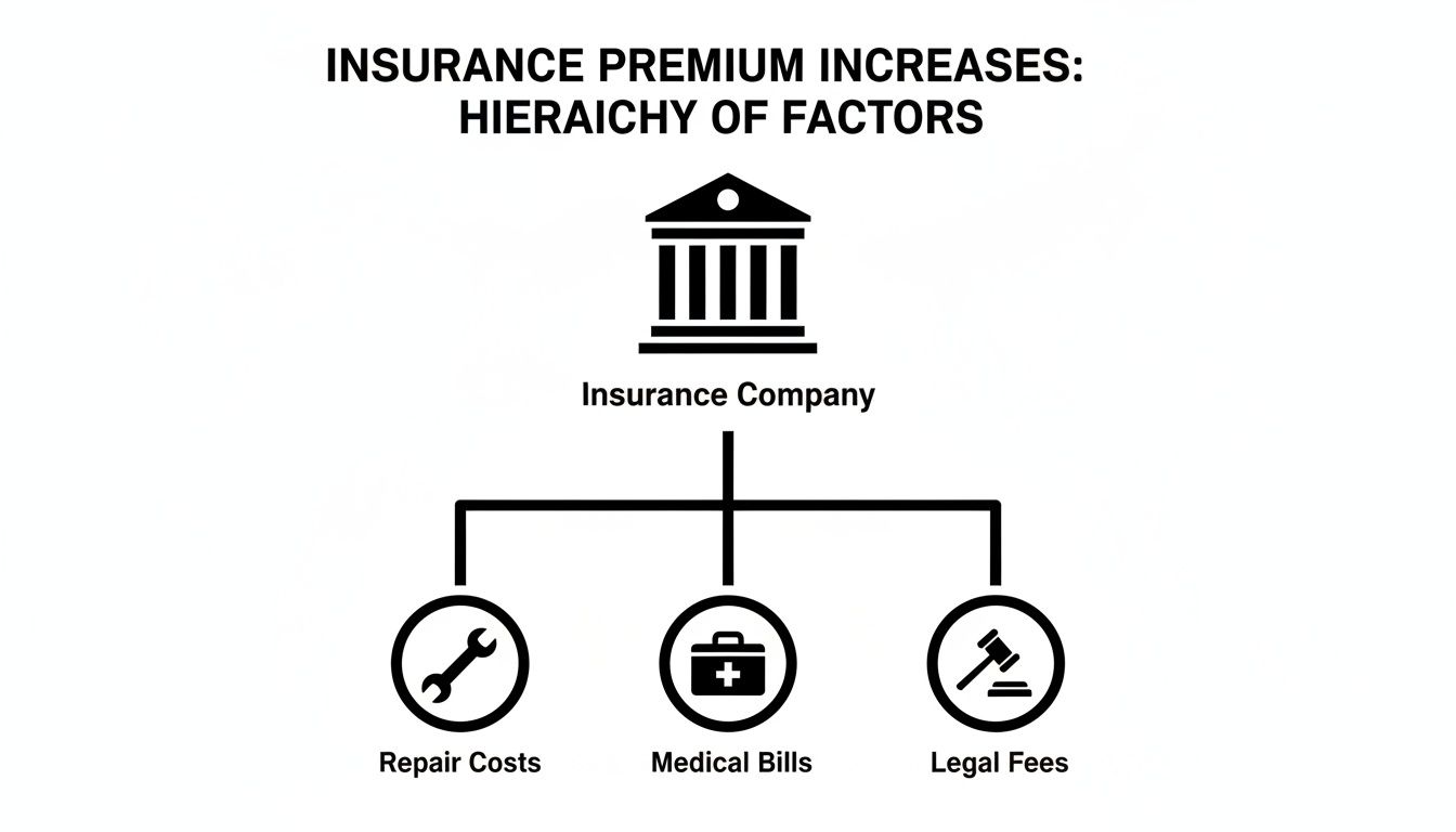 Diagram showing insurance premium increases caused by repair costs, medical bills, and legal fees.