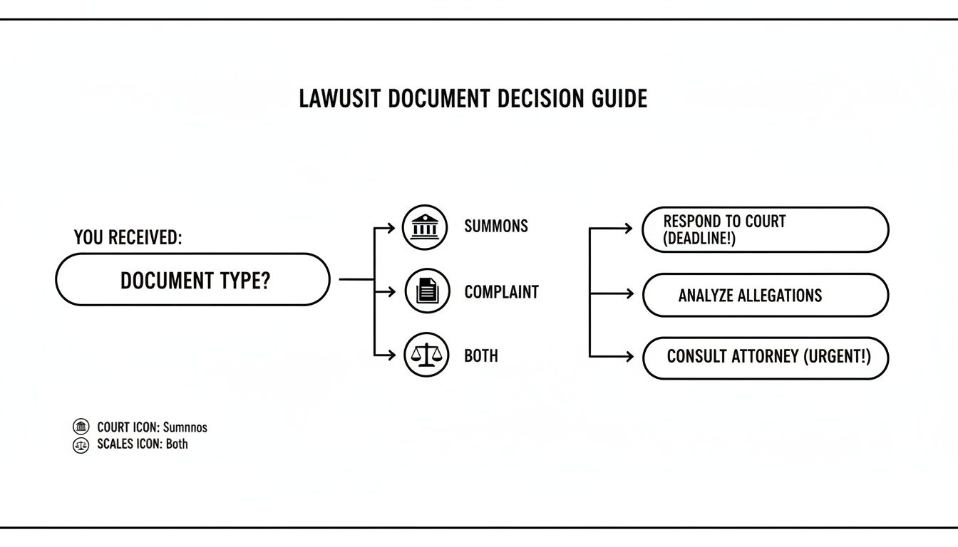 Flowchart guiding lawsuit document response: summons, complaint, or both, with actions like court response and attorney consultation.