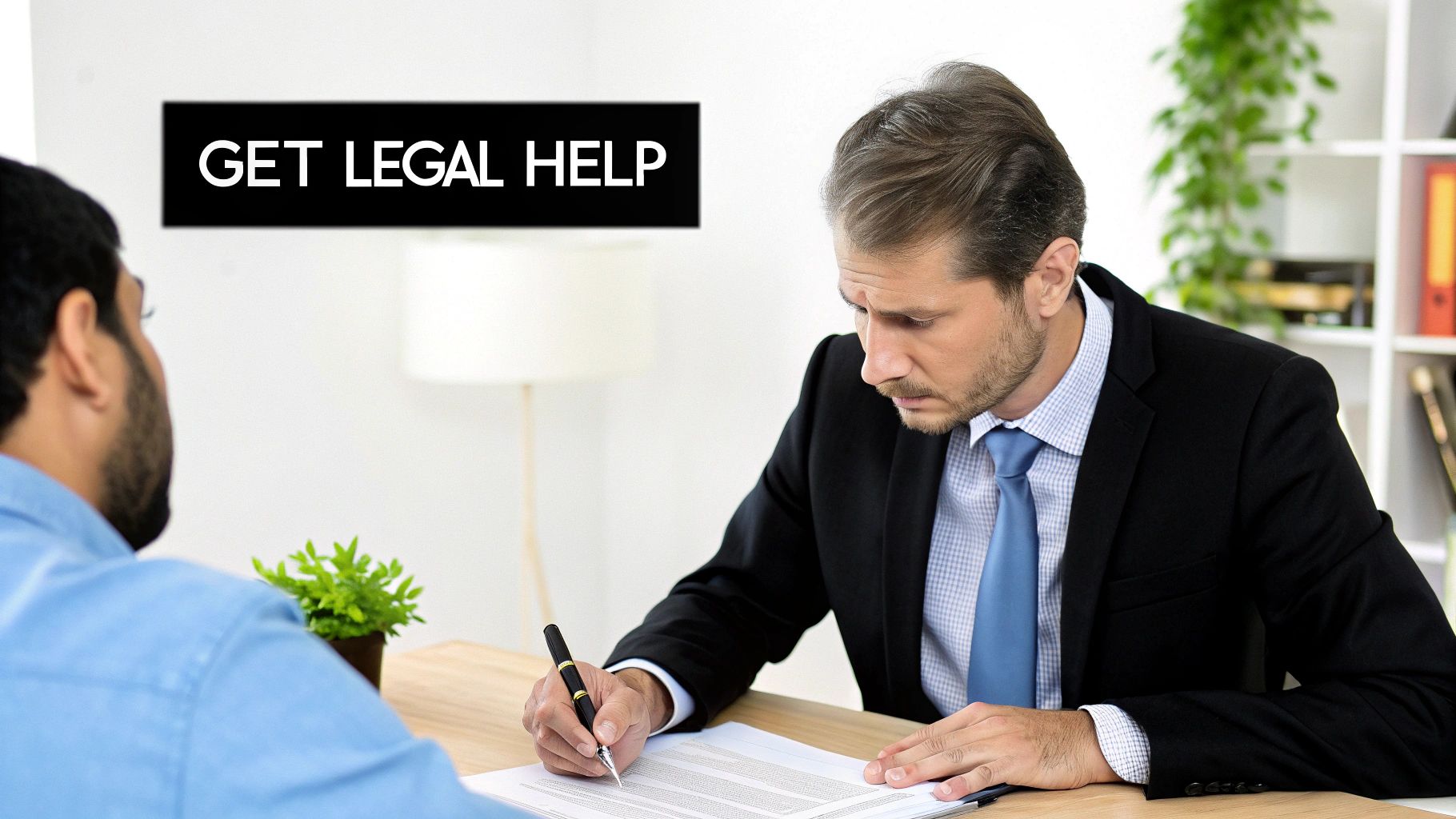A male lawyer in a suit signs documents while a client observes, with text 'GET LEGAL HELP'.