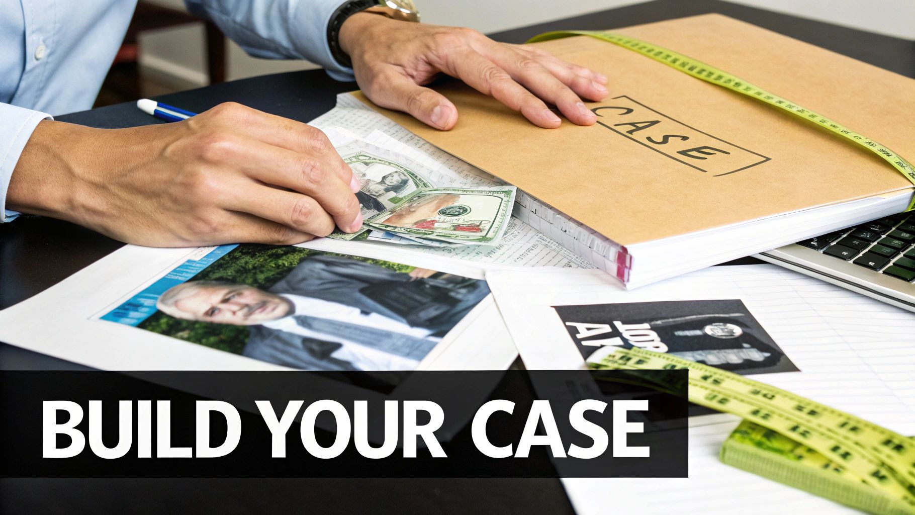 Hands organizing money, documents, and photos on a desk next to a folder labeled 'CASE'.
