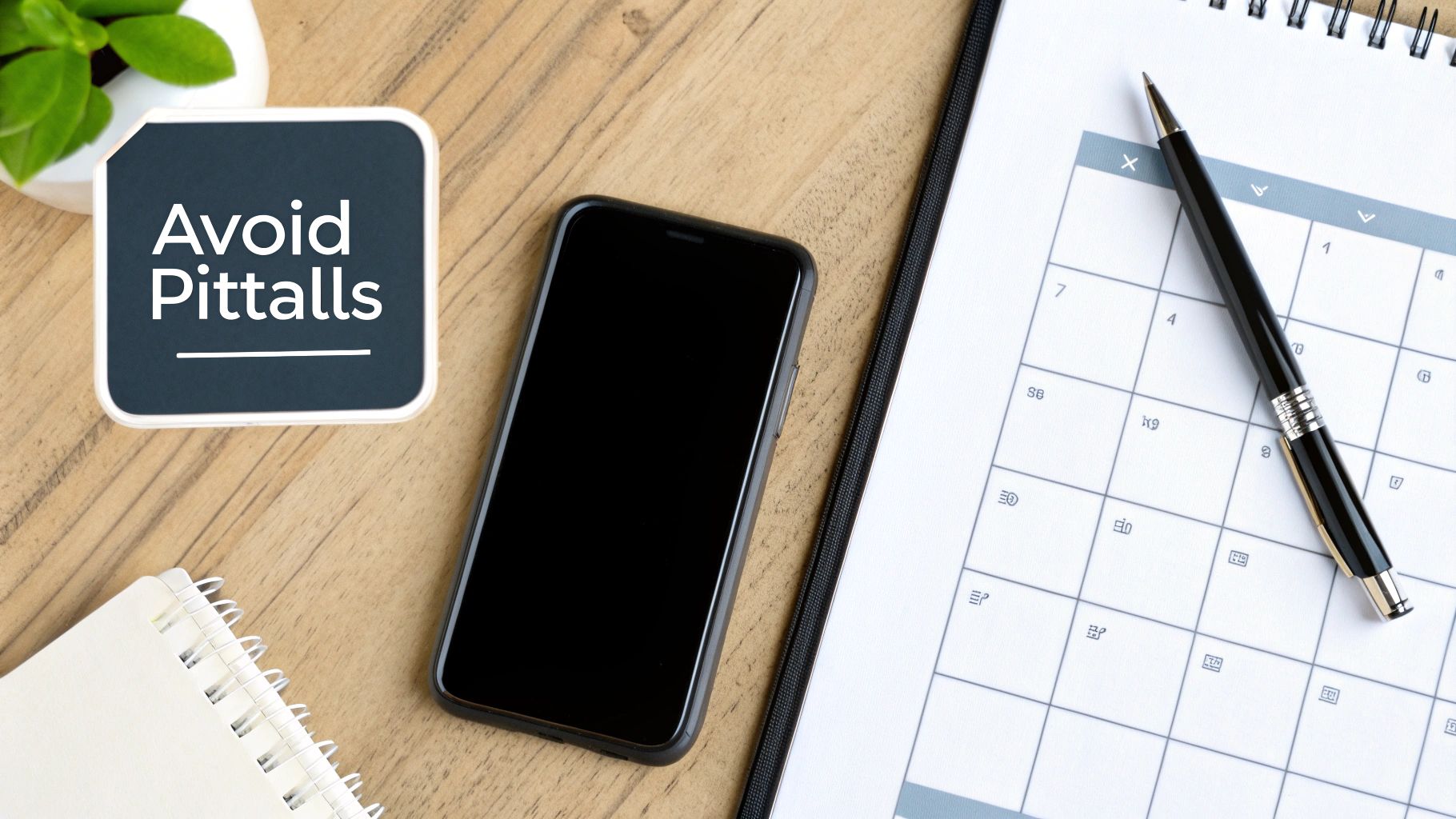 Desk flat lay with 'Avoid Pitfalls' sign, smartphone, calendar, and pen on a wooden surface.