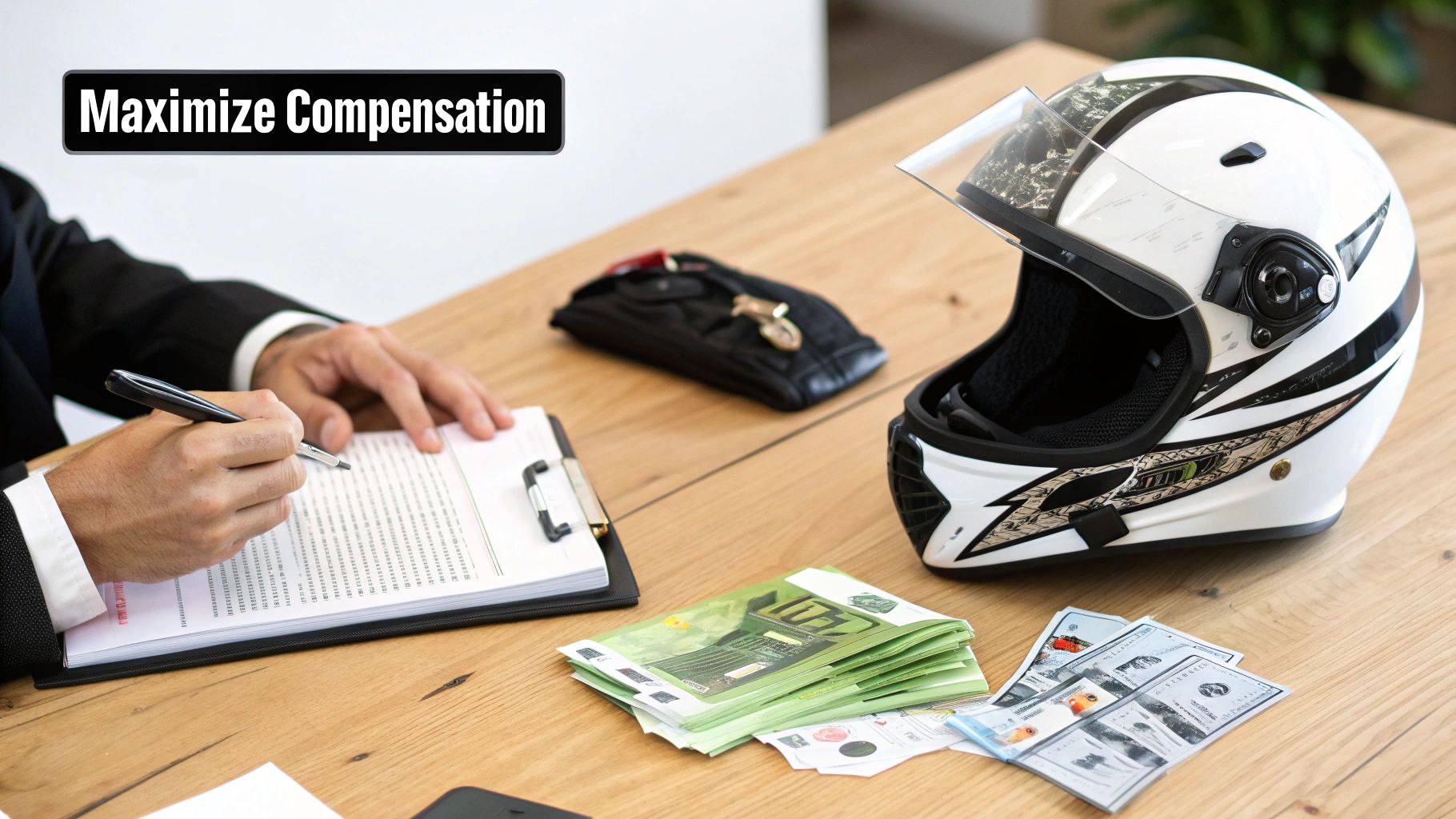 A person signing legal documents, with a motorcycle helmet and money on a table, symbolizing compensation.