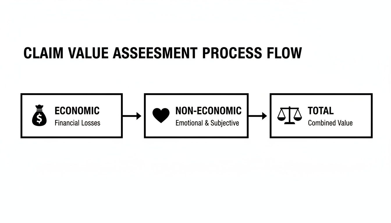 Flowchart illustrating claim value assessment process: economic, non-economic, and total combined value.
