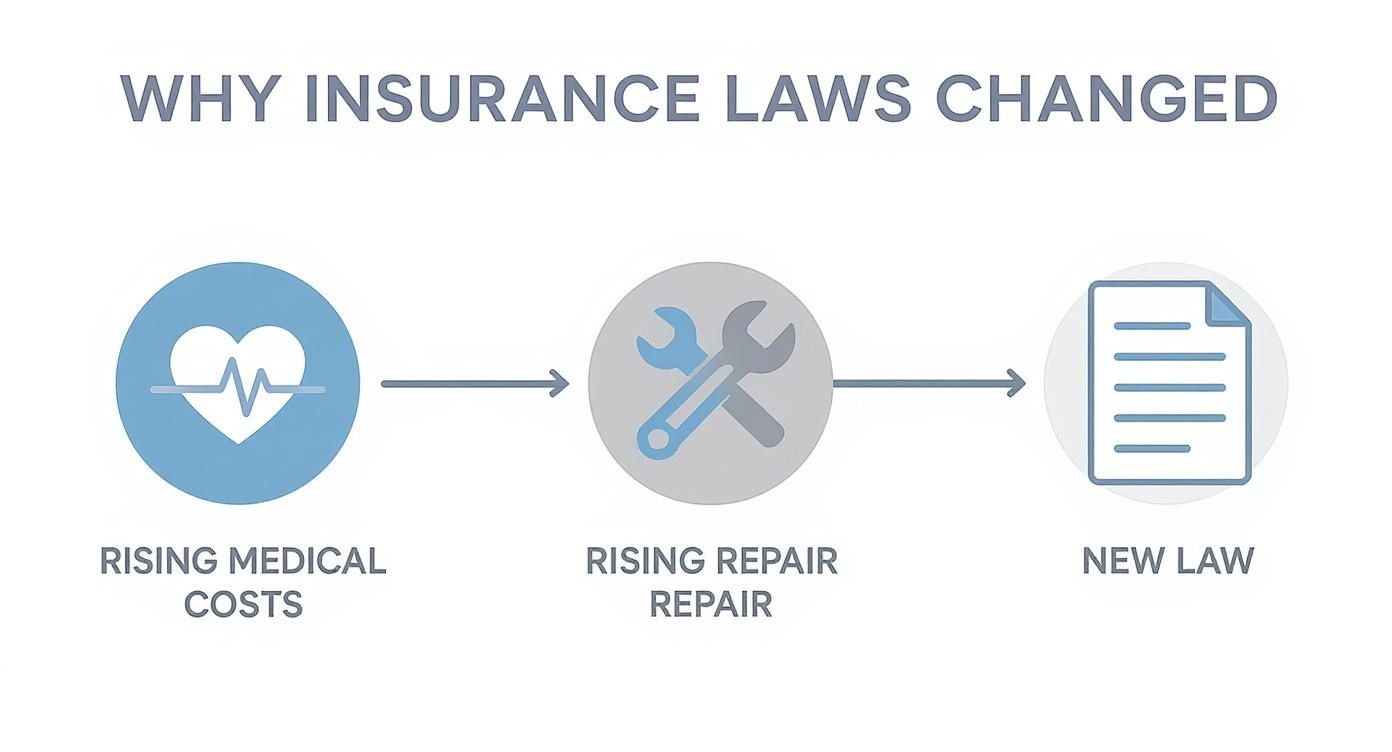 Flowchart showing how rising medical costs and repair costs led to new insurance laws