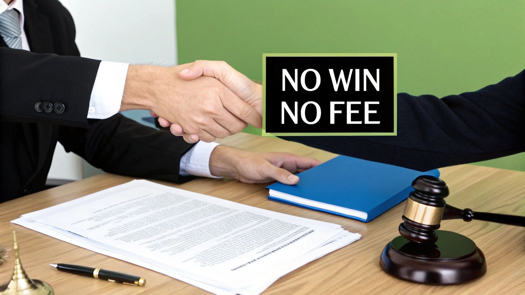 A person signing a document at a desk with a lawyer.