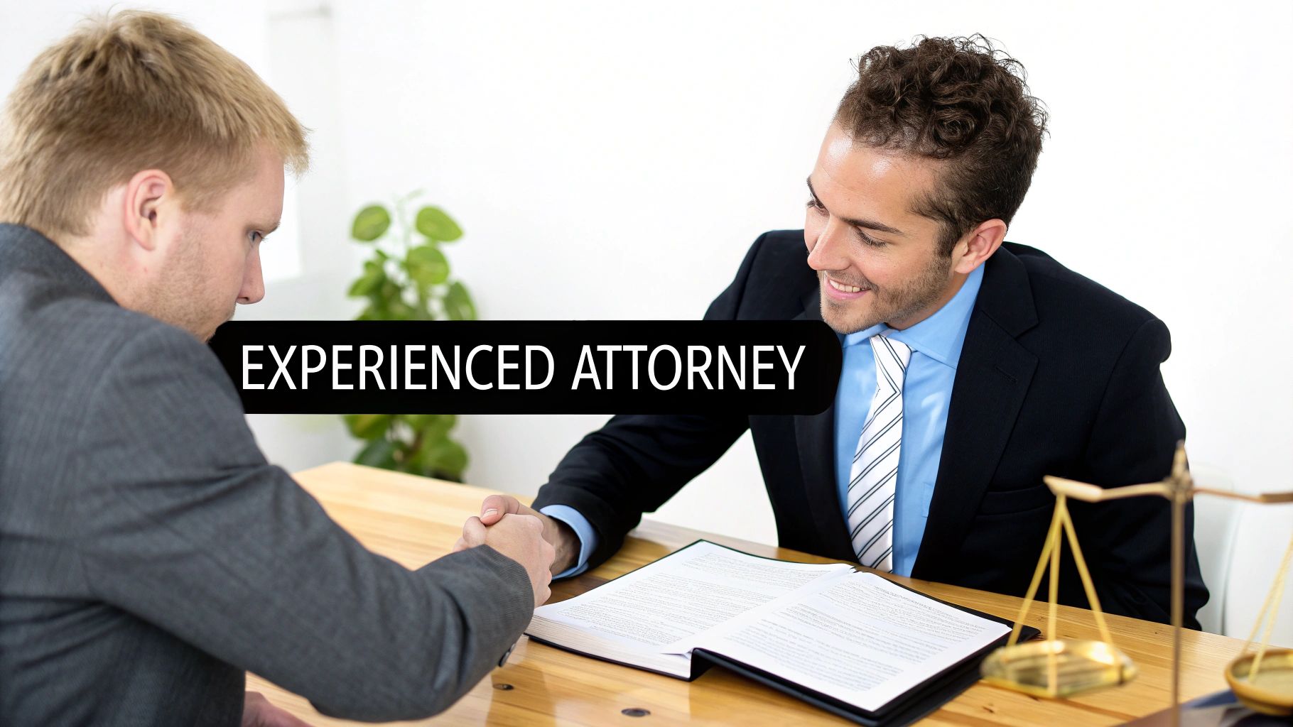 Two men, one an experienced attorney, shaking hands over a legal document with scales of justice on the desk.
