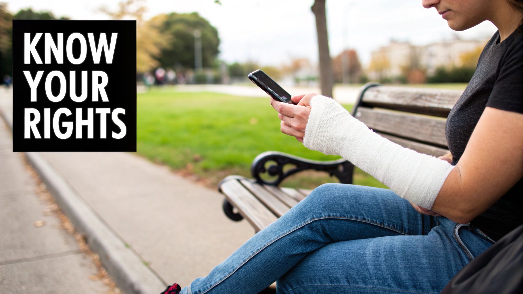 A person with a bandaged arm sits on a park bench, texting on a smartphone, with 'KNOW YOUR RIGHTS' overlay.