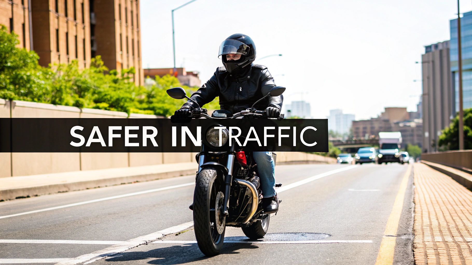 A motorcyclist in full gear rides on a multi-lane road with cars, text 'SAFER IN TRAFFIC' displayed.