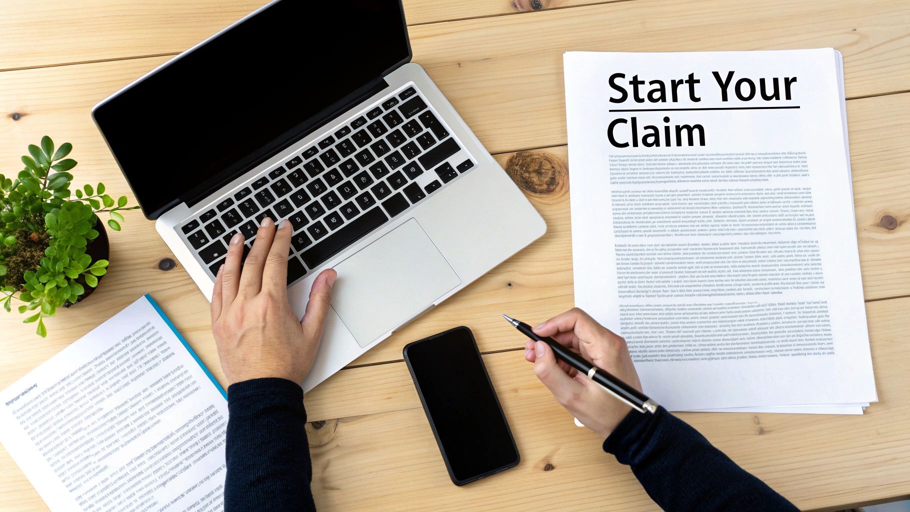 A person typing on a laptop, reviewing a 'Start Your Claim' document on a wooden desk with a plant.