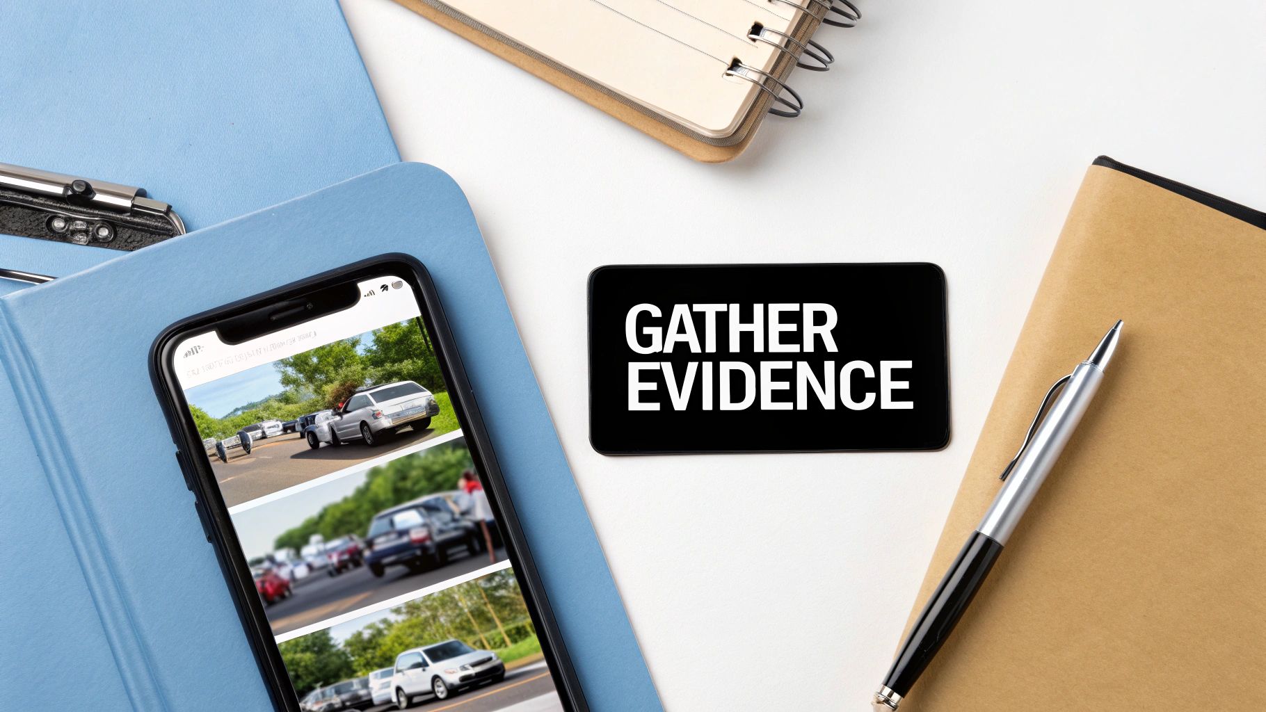 Flat lay of desk with smartphone showing car images, a card saying 'GATHER EVIDENCE', notebooks, and a pen.